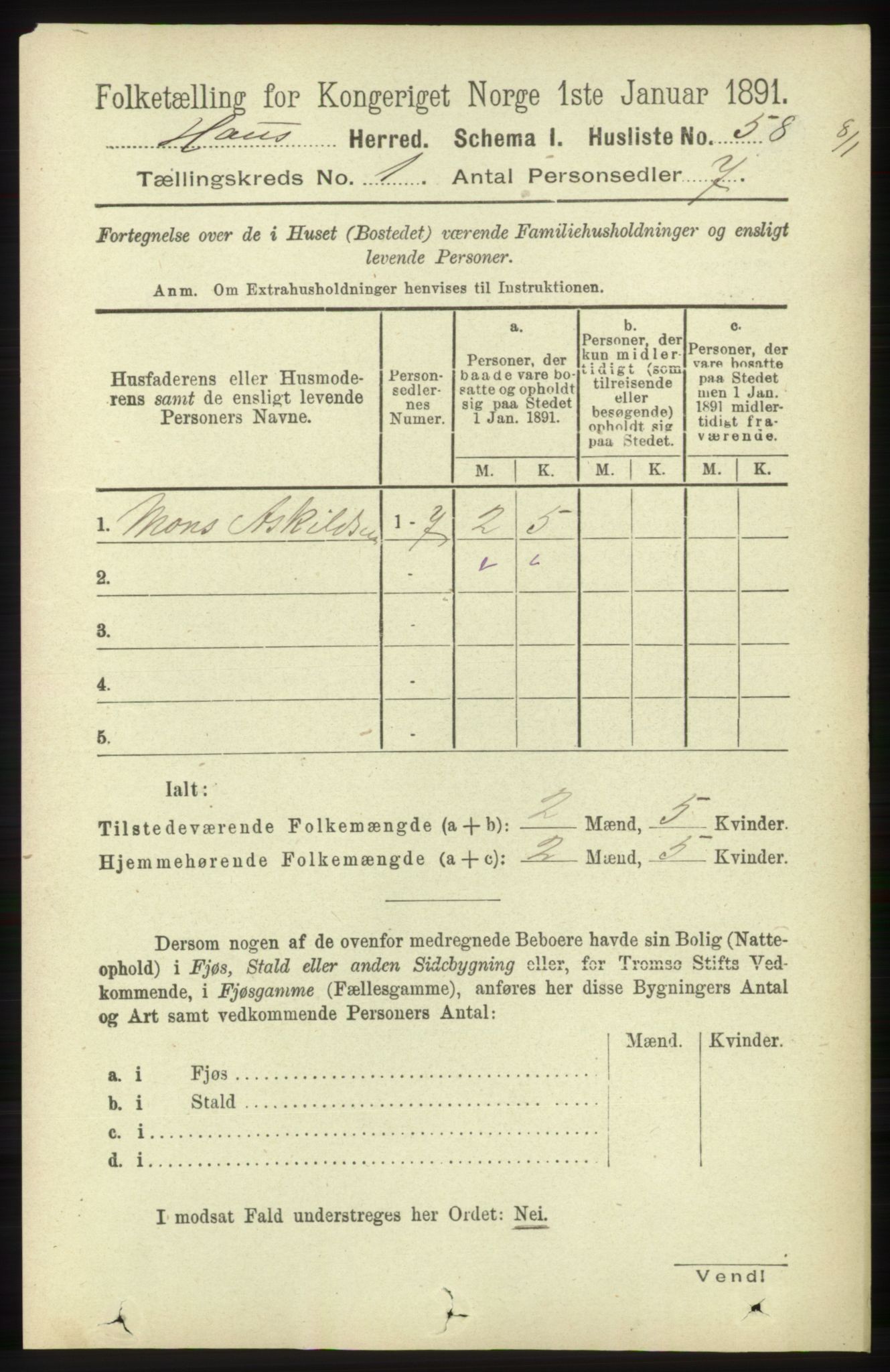 RA, Folketelling 1891 for 1250 Haus herred, 1891, s. 91