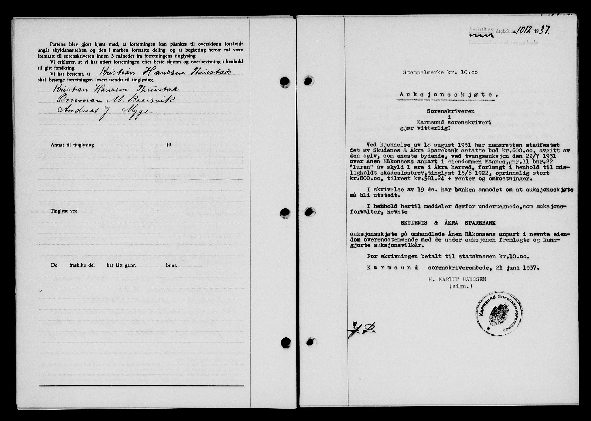 Karmsund sorenskriveri, SAST/A-100311/01/II/IIB/L0068: Pantebok nr. 49A, 1937-1937, Dagboknr: 1012/1937