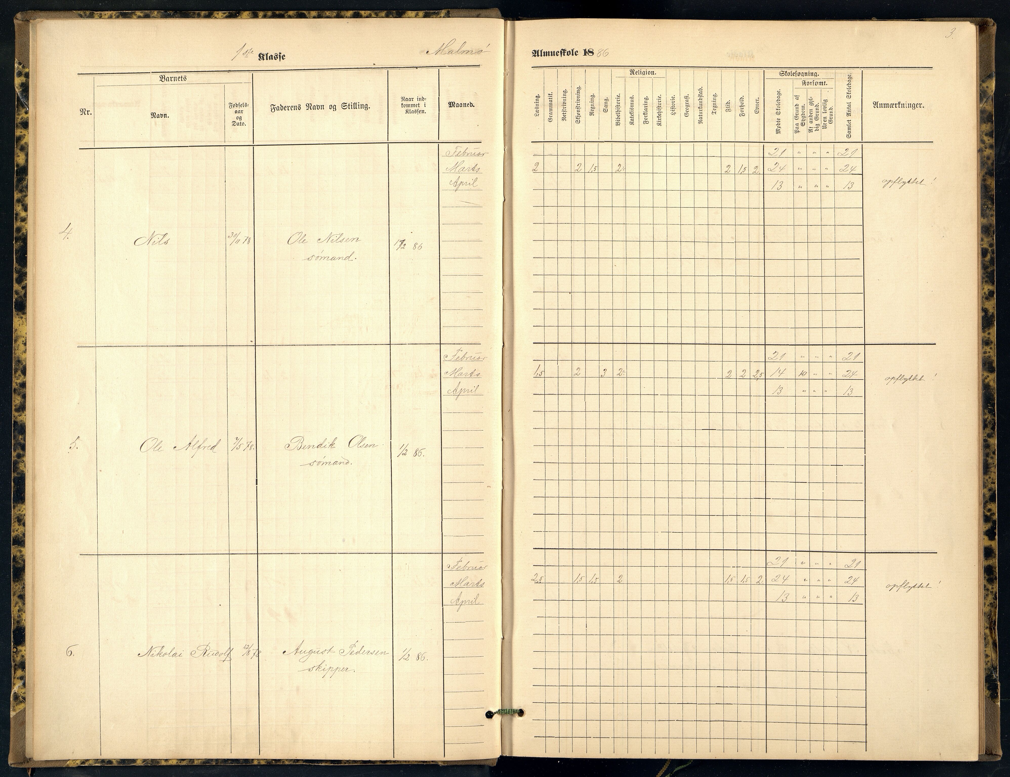 Mandal By - Mandal Allmueskole/Folkeskole/Skole, ARKSOR/1002MG551/H/L0032: Skoleprotokoll, 1886-1893