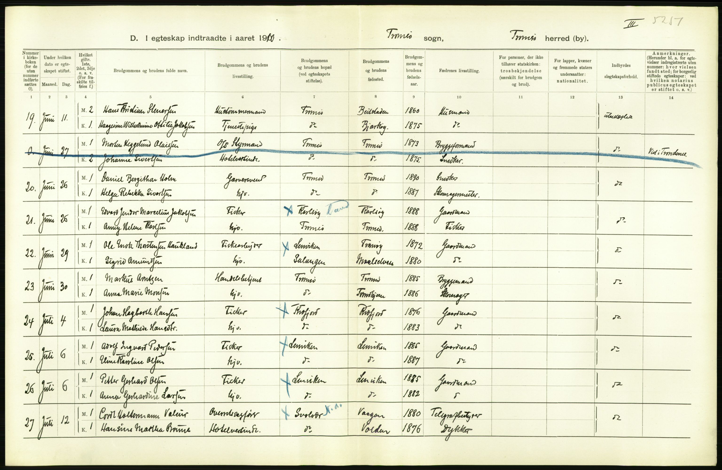 Statistisk sentralbyrå, Sosiodemografiske emner, Befolkning, AV/RA-S-2228/D/Df/Dfa/Dfah/L0044: Tromsø amt: Gifte, døde, dødfødte. Bygder og byer., 1910, s. 144