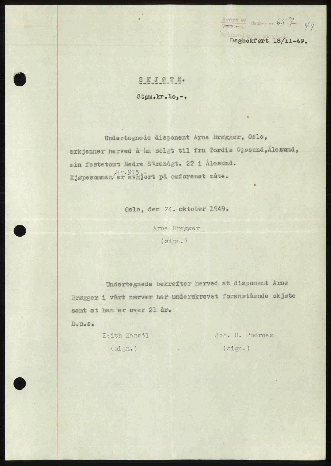 Ålesund byfogd, AV/SAT-A-4384: Pantebok nr. 37A (2), 1949-1950, Dagboknr: 657/1949