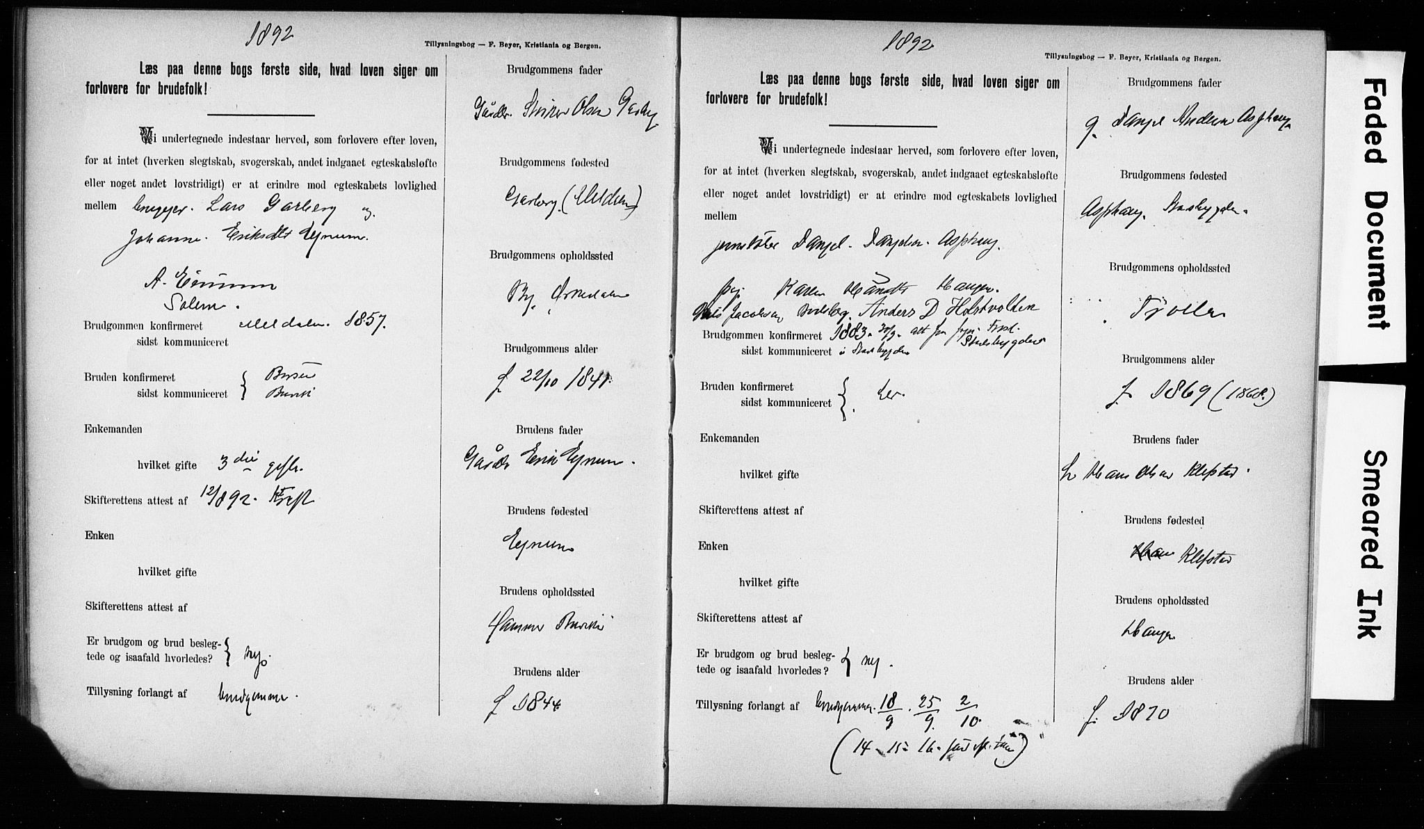 Hurum kirkebøker, AV/SAKO-A-229/H/Hb/L0001: Forlovererklæringer nr. 1, 1890-1899