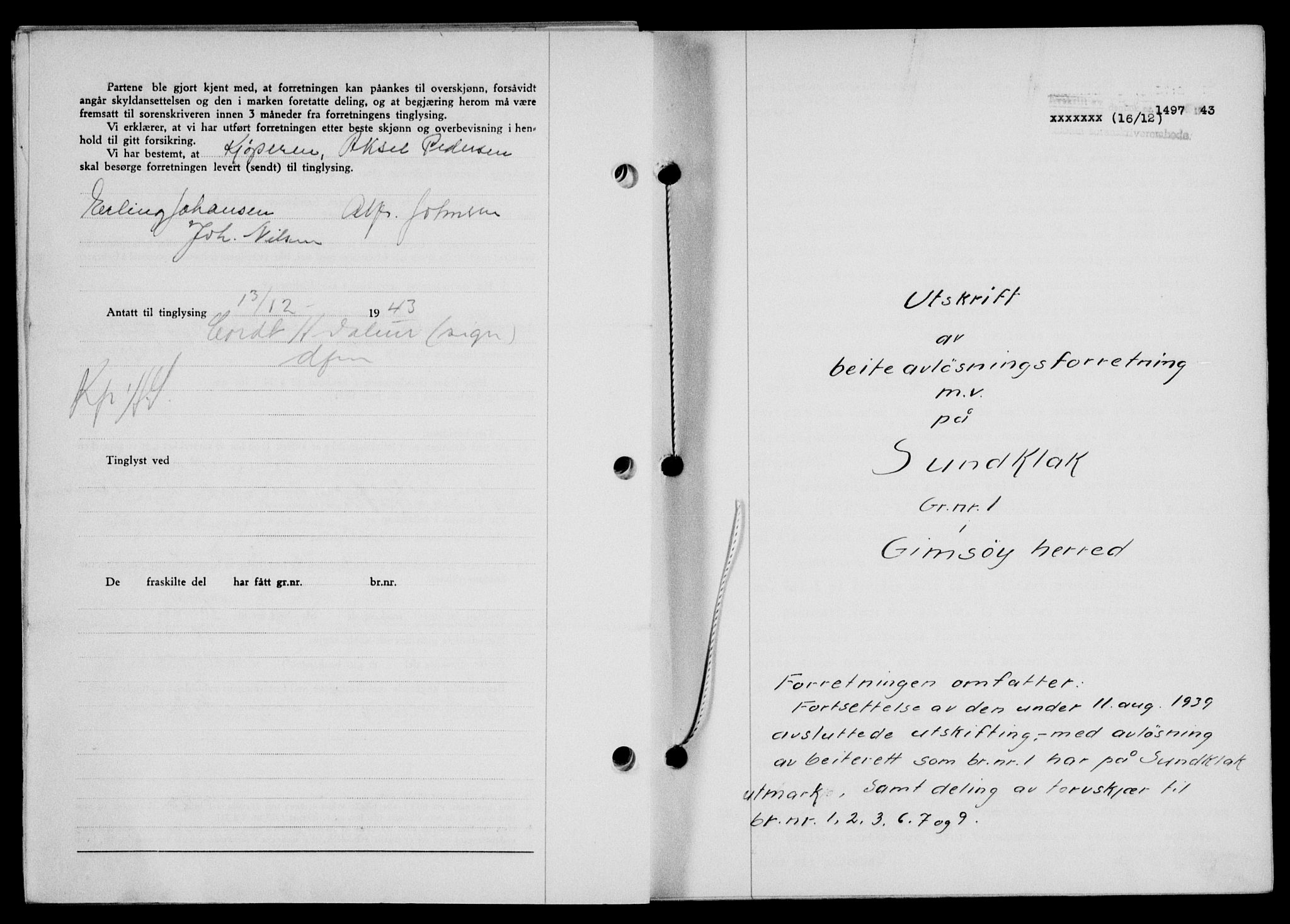 Lofoten sorenskriveri, SAT/A-0017/1/2/2C/L0012a: Pantebok nr. 12a, 1943-1944, Dagboknr: 1497/1943