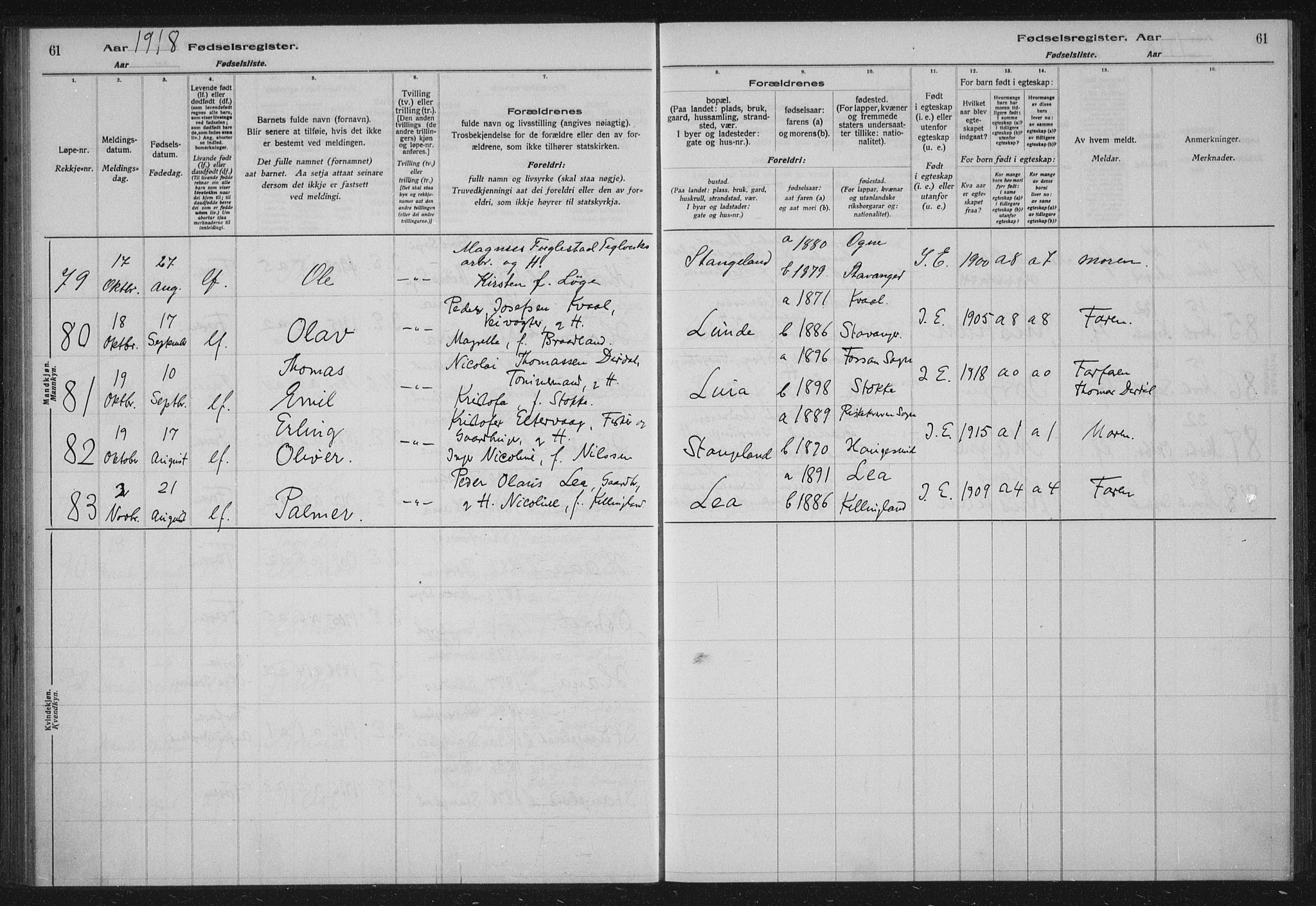 Høyland sokneprestkontor, AV/SAST-A-101799/002/O/L0001: Fødselsregister nr. 1, 1916-1924, s. 61