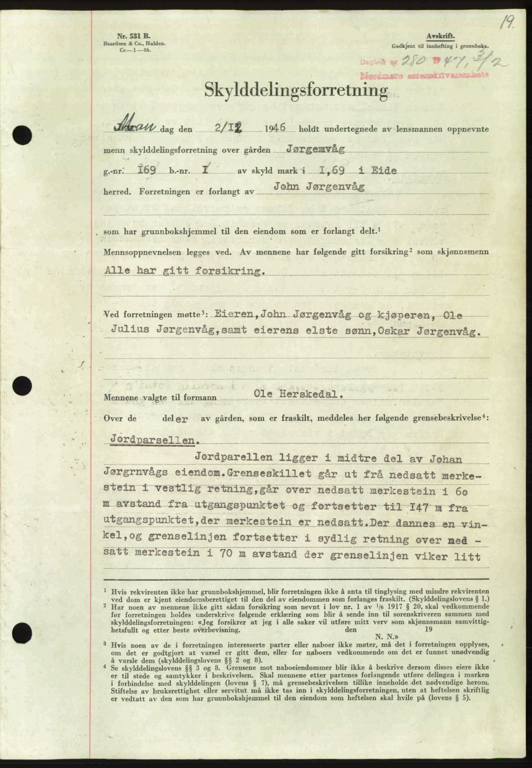 Nordmøre sorenskriveri, SAT/A-4132/1/2/2Ca: Pantebok nr. A104, 1947-1947, Dagboknr: 280/1947