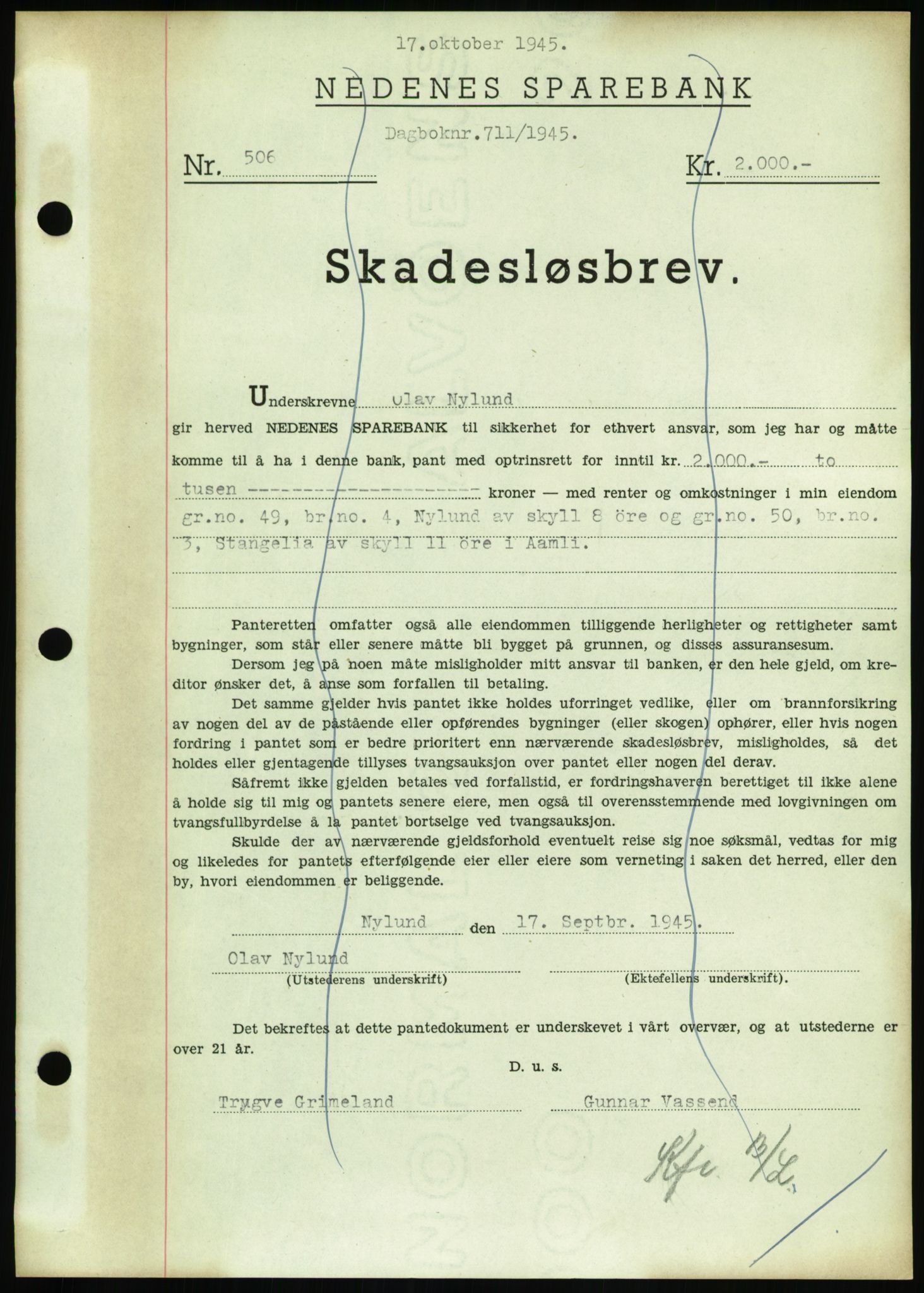 Nedenes sorenskriveri, SAK/1221-0006/G/Gb/Gbb/L0002: Pantebok nr. II, 1942-1945, Dagboknr: 711/1945