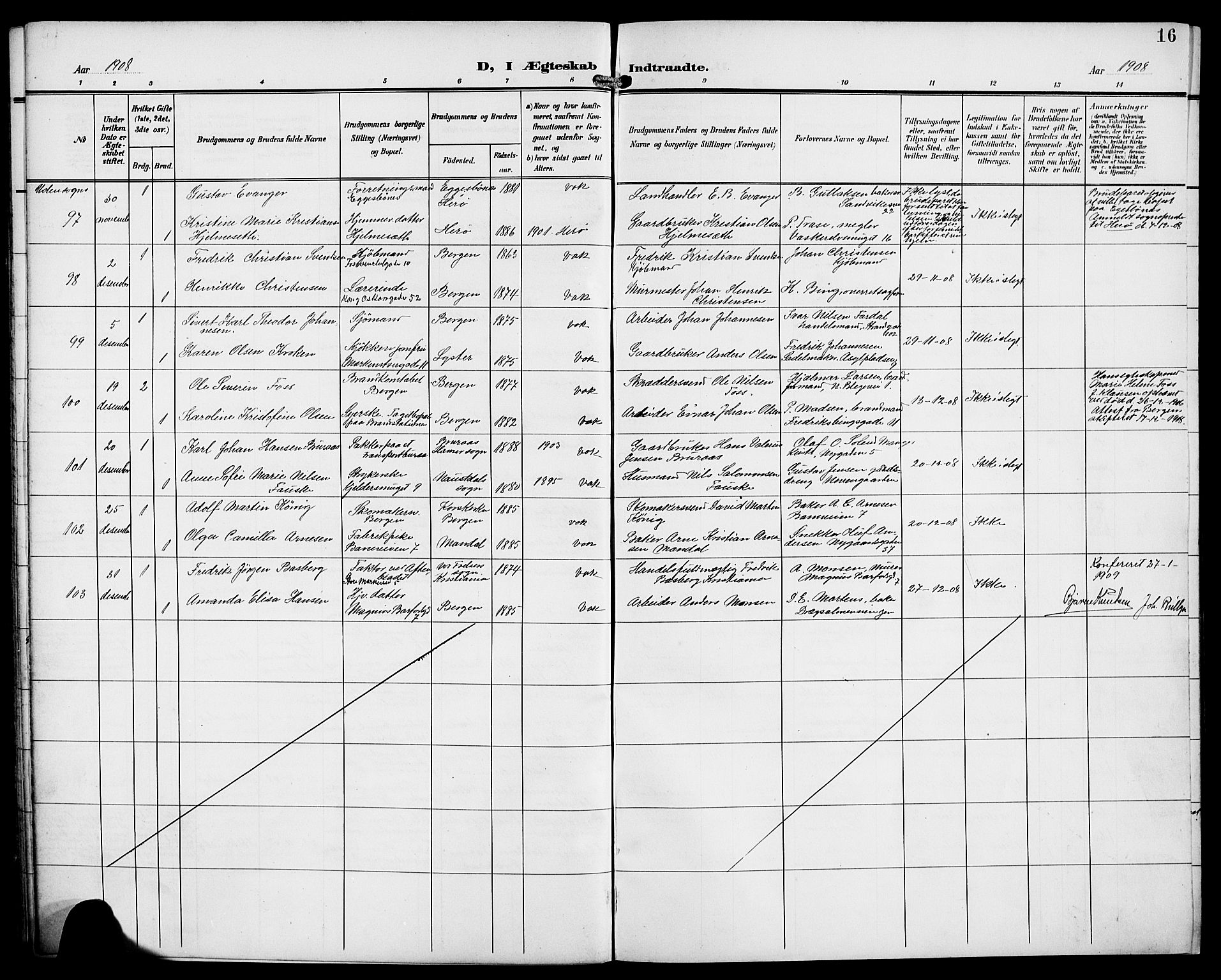 Domkirken sokneprestembete, SAB/A-74801/H/Hab/L0033: Klokkerbok nr. D 5, 1907-1924, s. 16