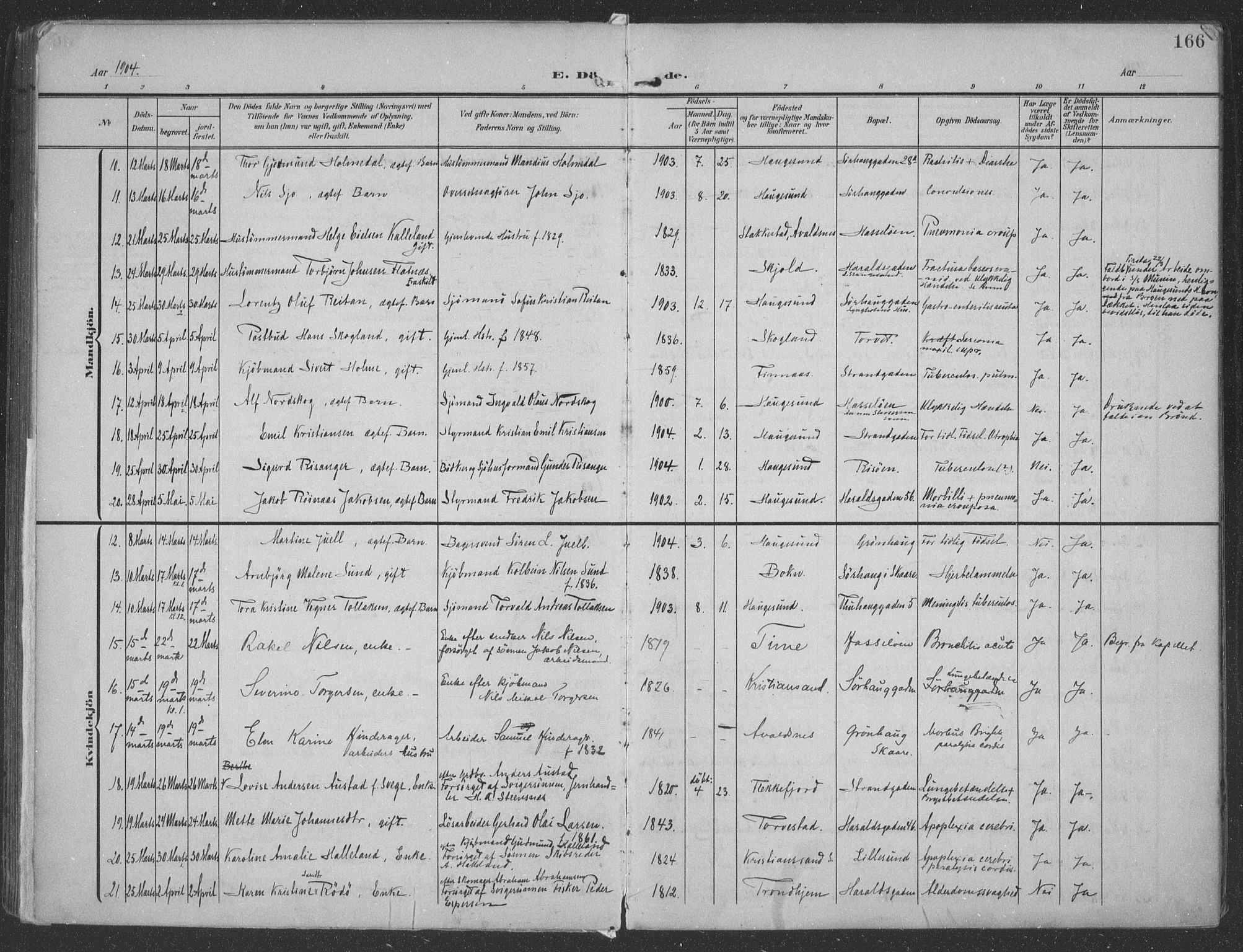 Haugesund sokneprestkontor, AV/SAST-A -101863/H/Ha/Haa/L0007: Ministerialbok nr. A 7, 1904-1916, s. 166