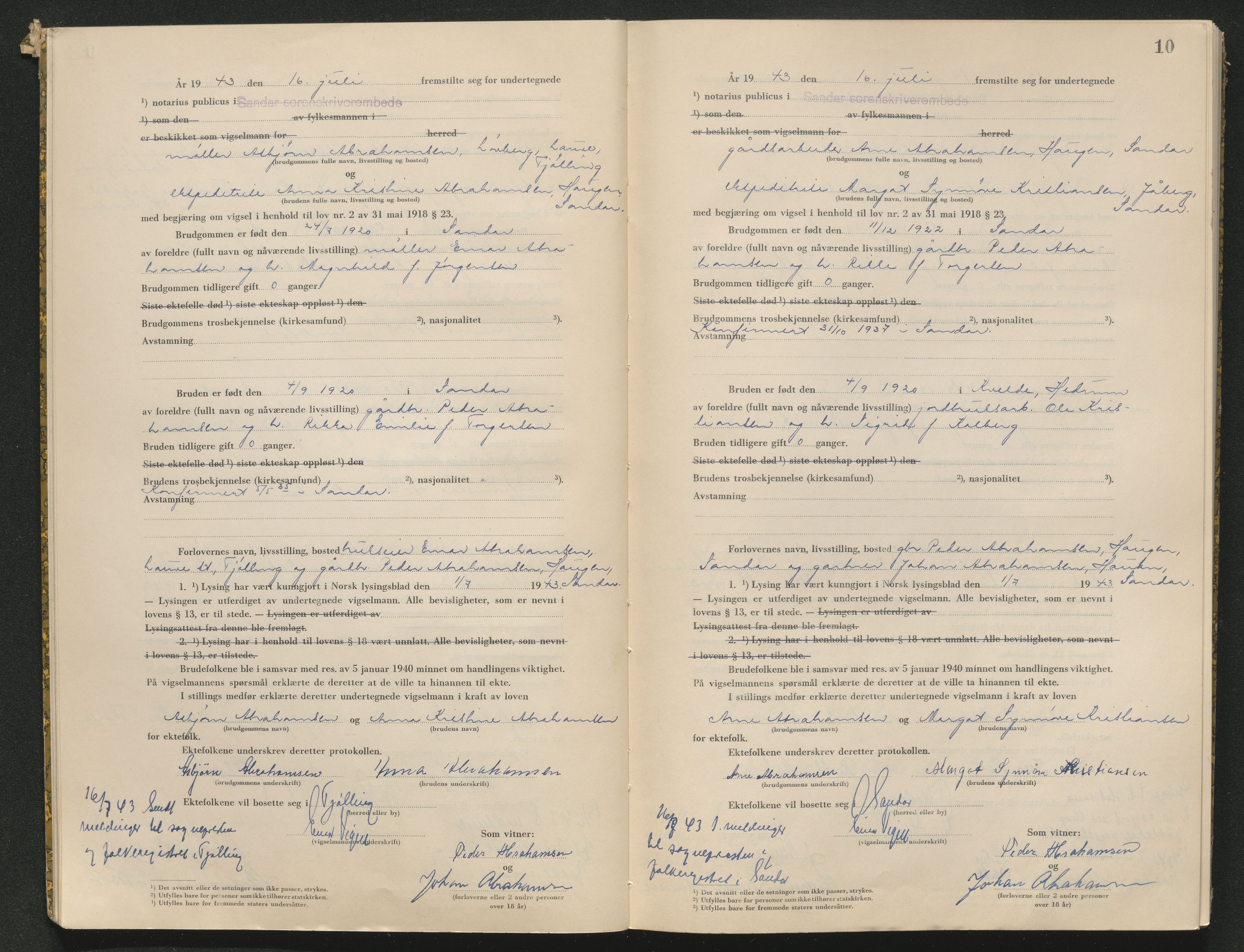 Sandar sorenskriveri, SAKO/A-86/L/Lb/L0003: Vigselselbok, 1943-1944, s. 10