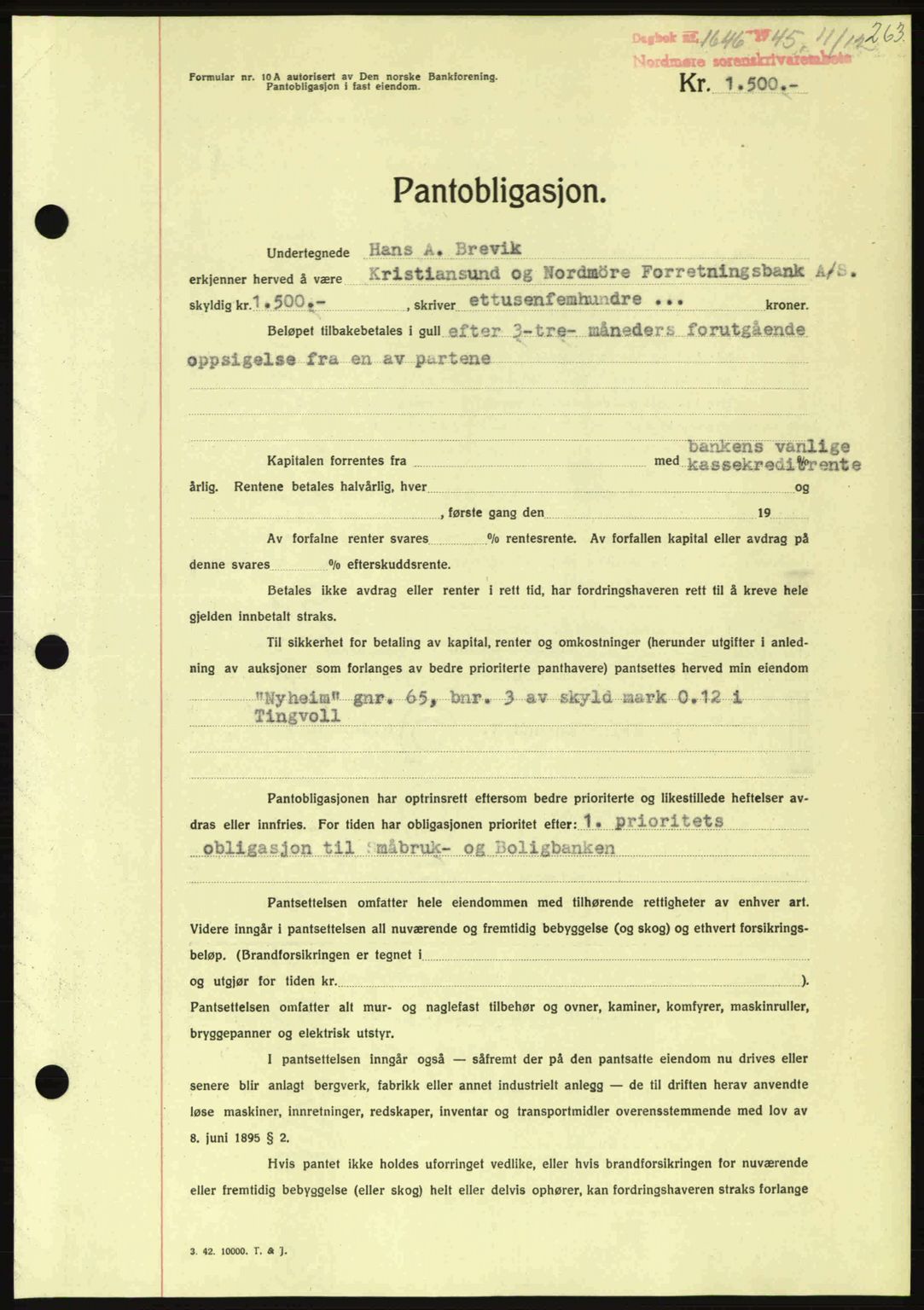 Nordmøre sorenskriveri, AV/SAT-A-4132/1/2/2Ca: Pantebok nr. B93a, 1945-1945, Dagboknr: 1646/1945