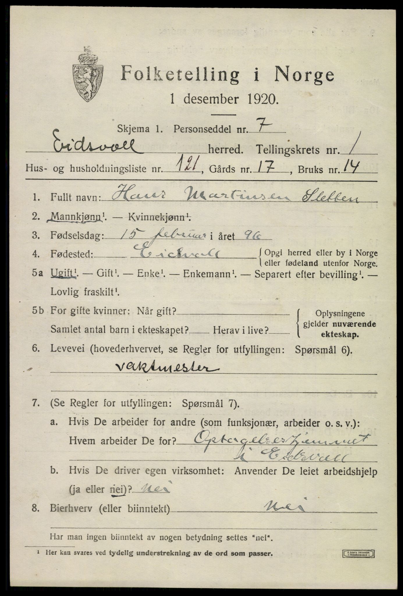 SAO, Folketelling 1920 for 0237 Eidsvoll herred, 1920, s. 5093