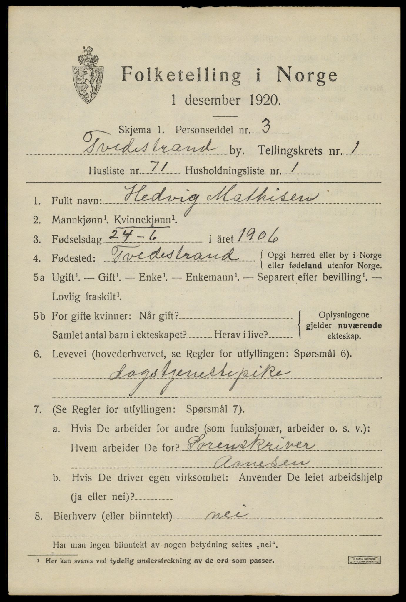 SAK, Folketelling 1920 for 0902 Tvedestrand ladested, 1920, s. 2119