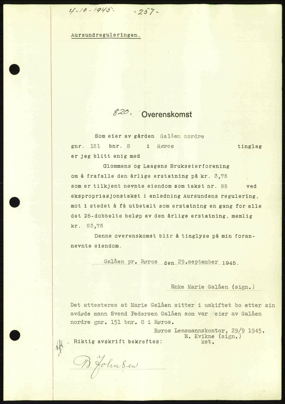 Gauldal sorenskriveri, SAT/A-0014/1/2/2C: Pantebok nr. A1a, 1945-1945, Dagboknr: 820/1945