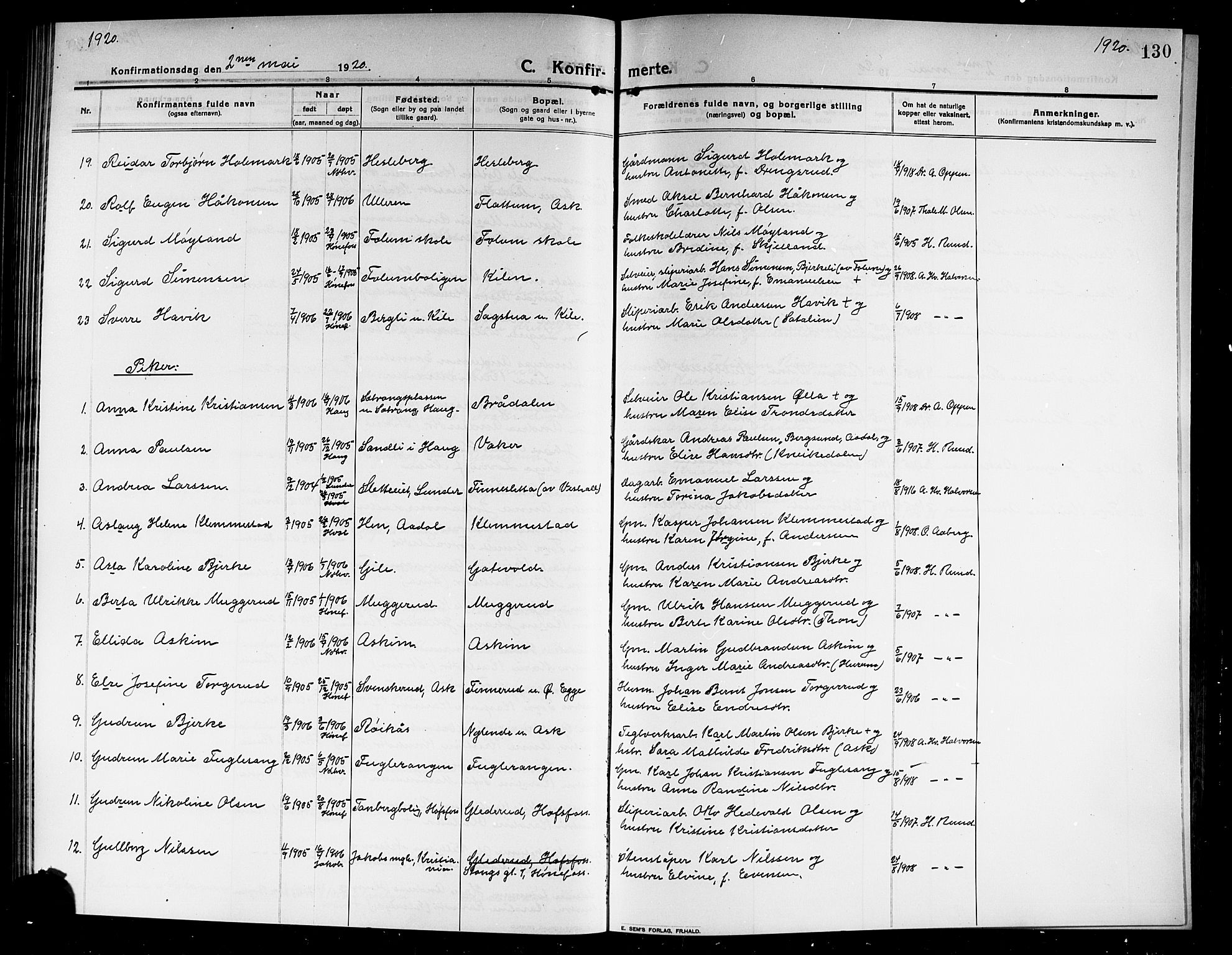 Norderhov kirkebøker, AV/SAKO-A-237/G/Ga/L0009: Klokkerbok nr. I 9, 1913-1920, s. 130