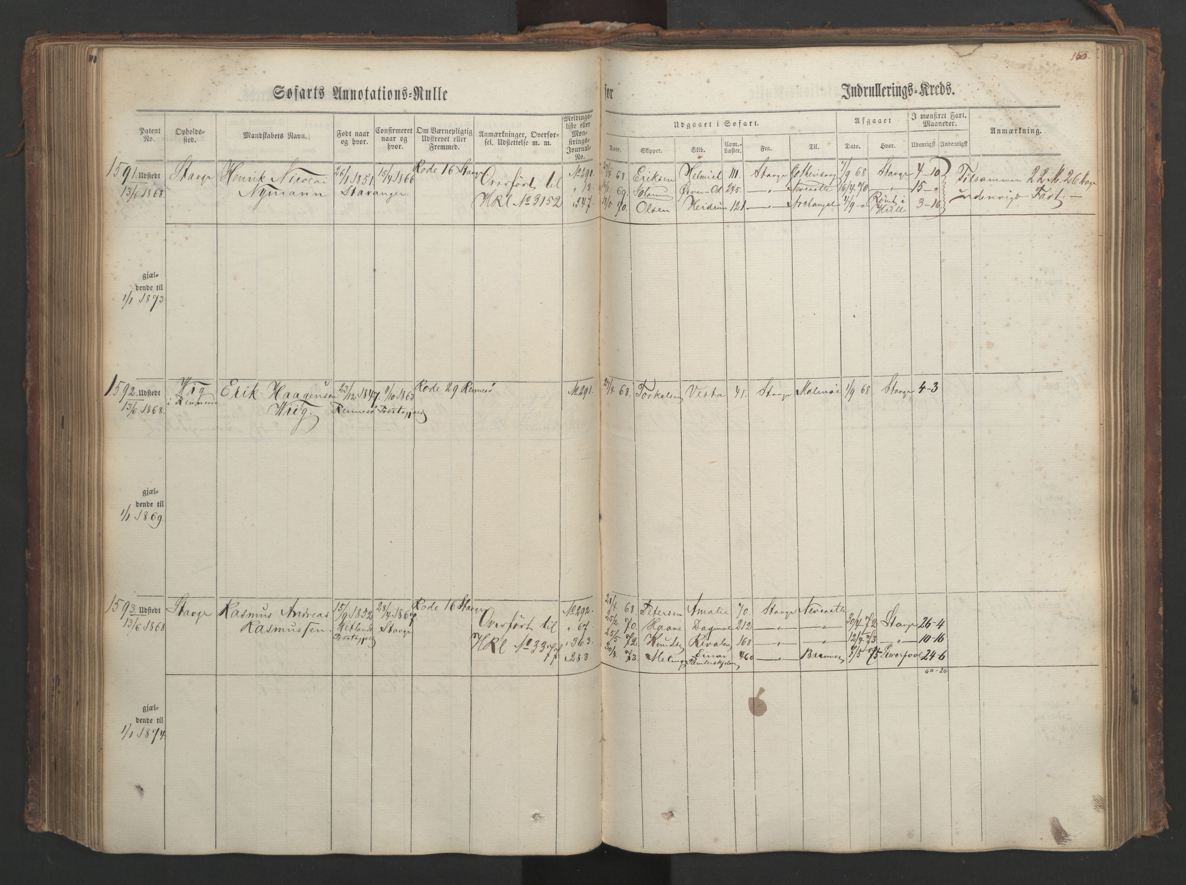 Stavanger sjømannskontor, AV/SAST-A-102006/F/Ff/L0003: Annotasjonsrulle, patentnr. 1144-1761, 1866, s. 174