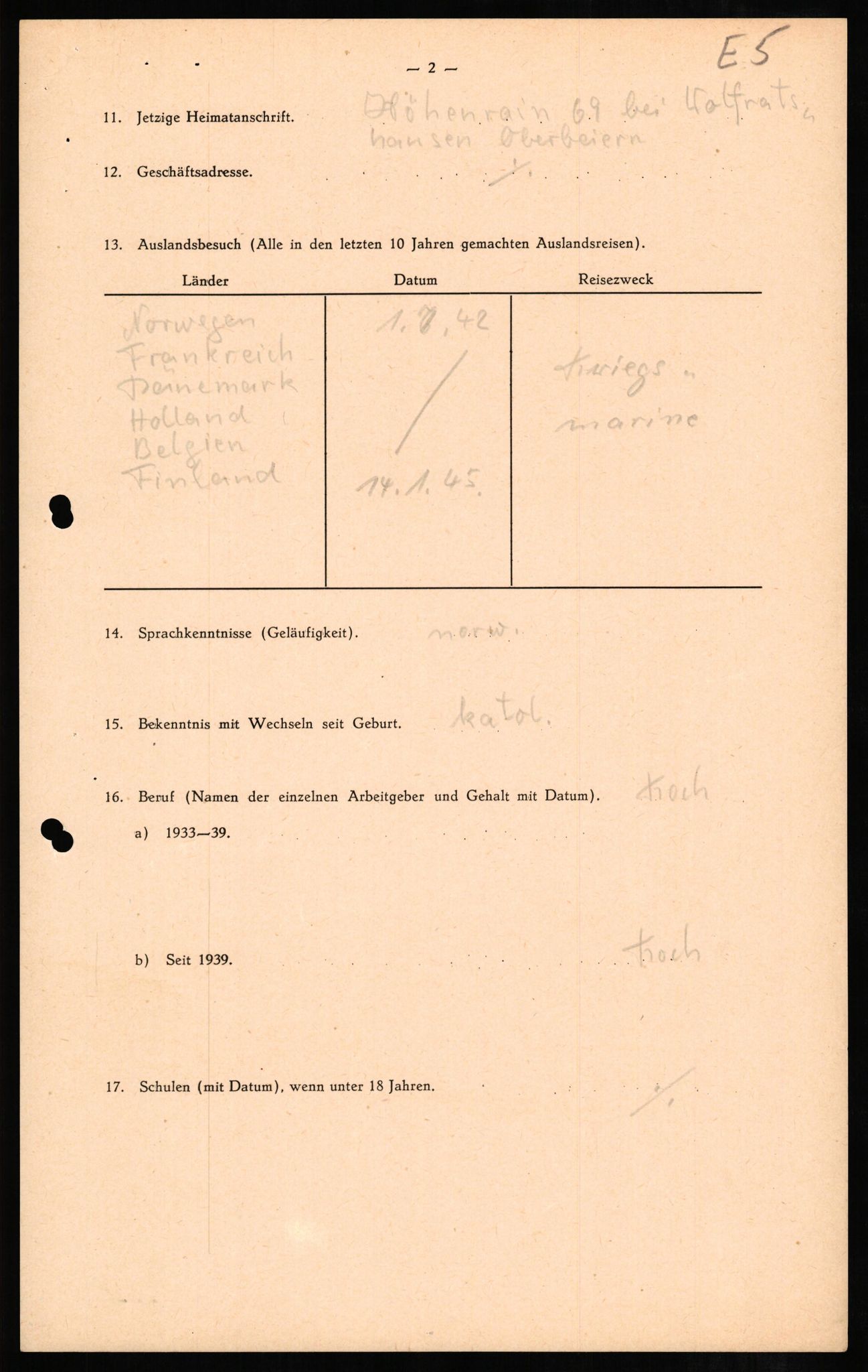 Forsvaret, Forsvarets overkommando II, AV/RA-RAFA-3915/D/Db/L0007: CI Questionaires. Tyske okkupasjonsstyrker i Norge. Tyskere., 1945-1946, s. 109