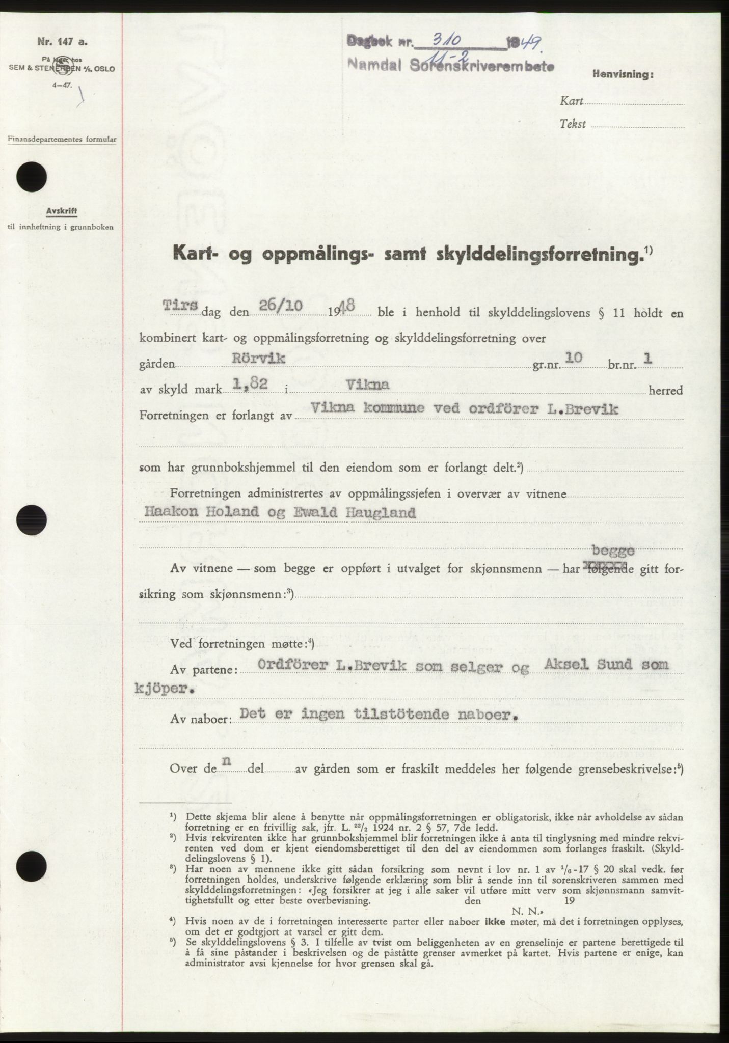 Namdal sorenskriveri, SAT/A-4133/1/2/2C: Pantebok nr. -, 1949-1949, Dagboknr: 310/1949