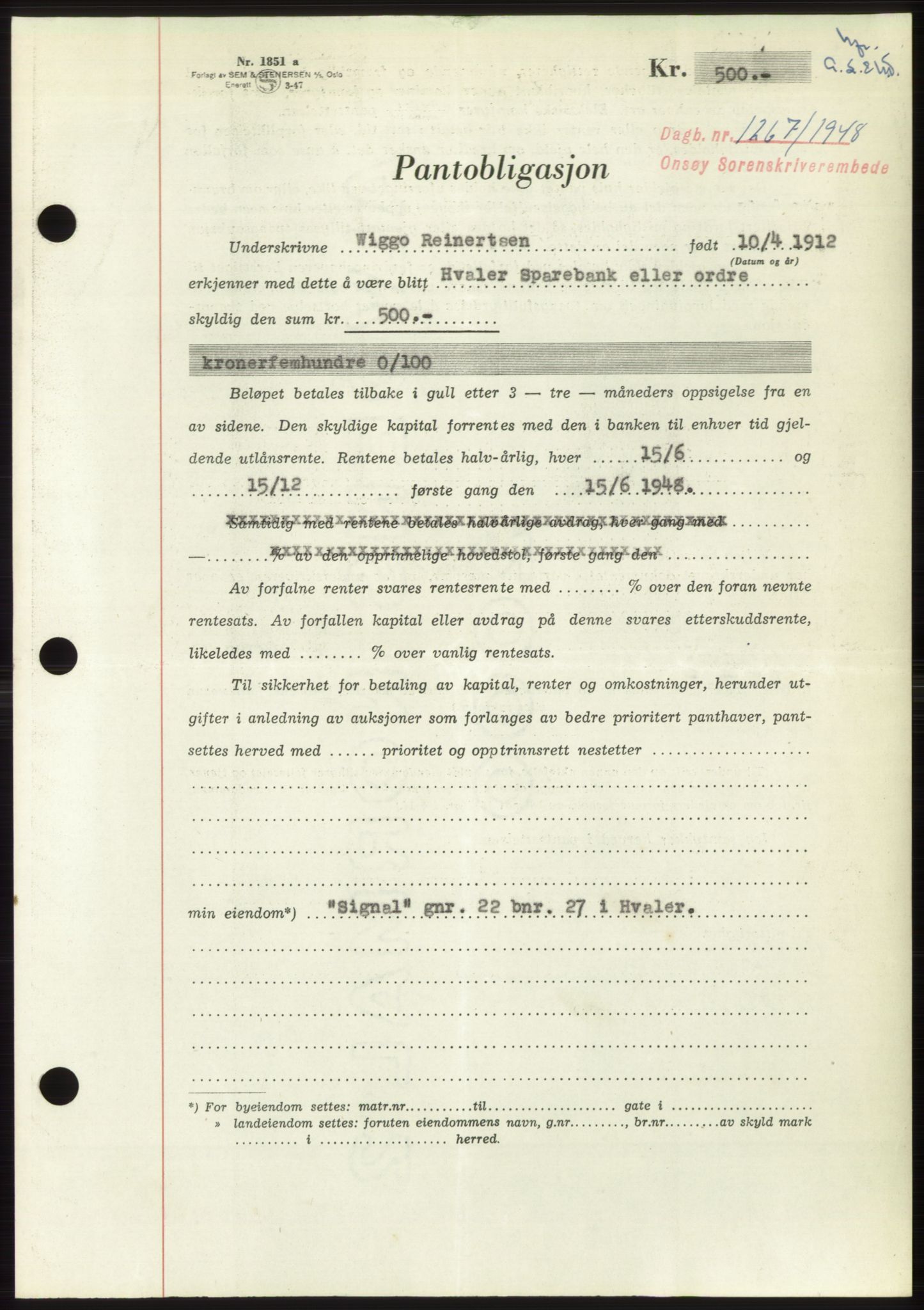 Onsøy sorenskriveri, SAO/A-10474/G/Ga/Gac/L0007: Pantebok nr. B 14-7, 1948-1948, Dagboknr: 1267/1948