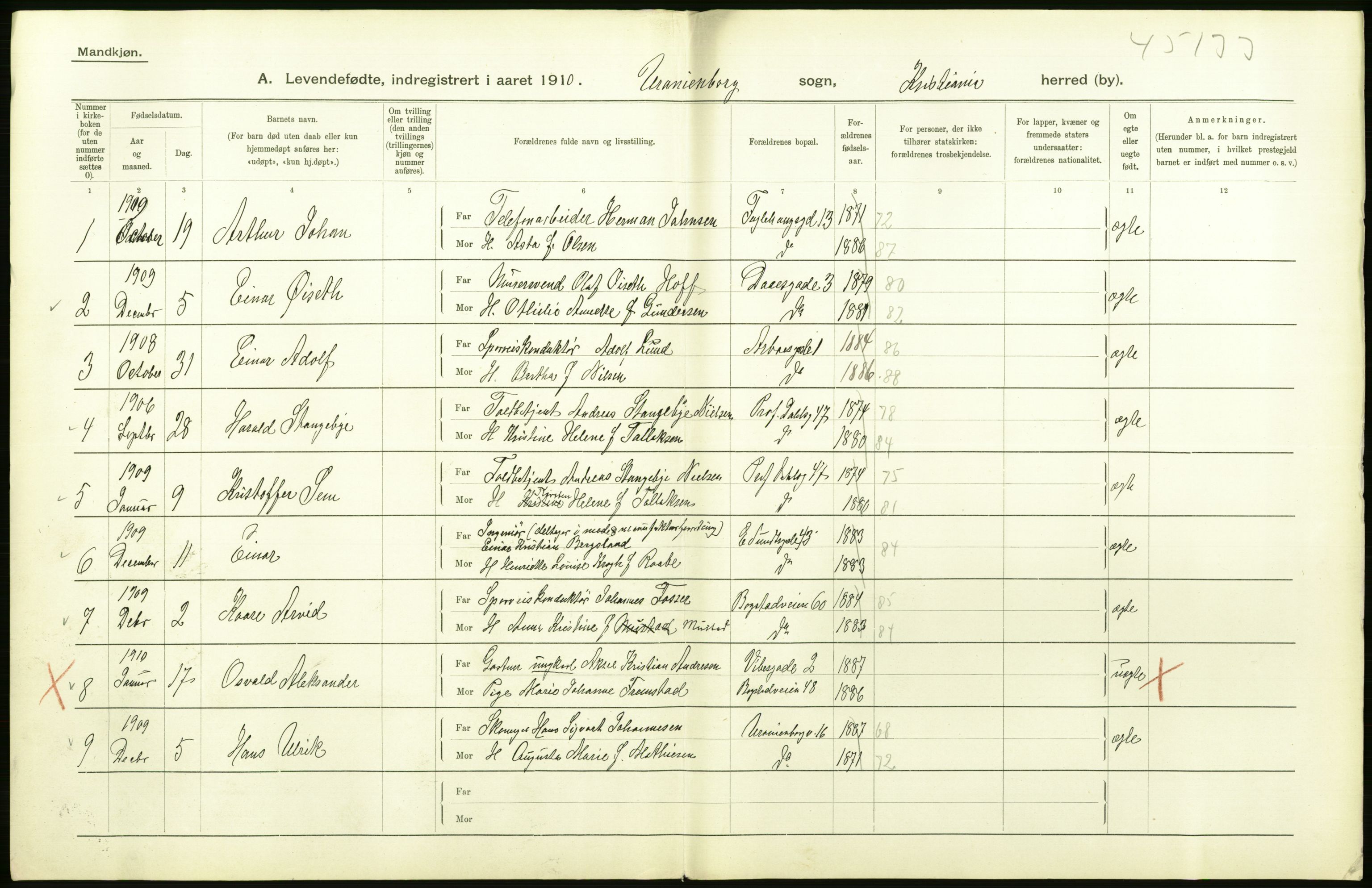 Statistisk sentralbyrå, Sosiodemografiske emner, Befolkning, RA/S-2228/D/Df/Dfa/Dfah/L0006: Kristiania: Levendefødte menn., 1910, s. 556