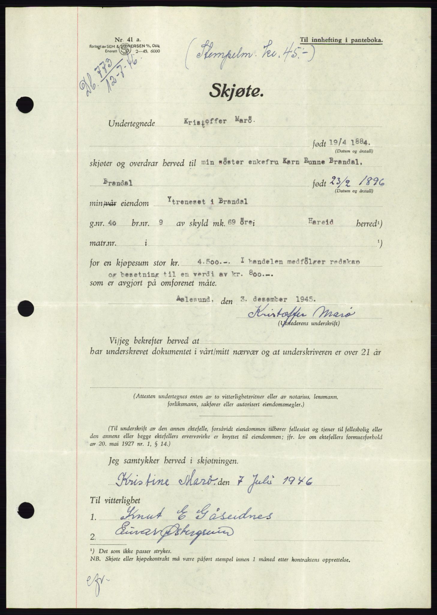 Søre Sunnmøre sorenskriveri, AV/SAT-A-4122/1/2/2C/L0078: Pantebok nr. 4A, 1946-1946, Dagboknr: 773/1946