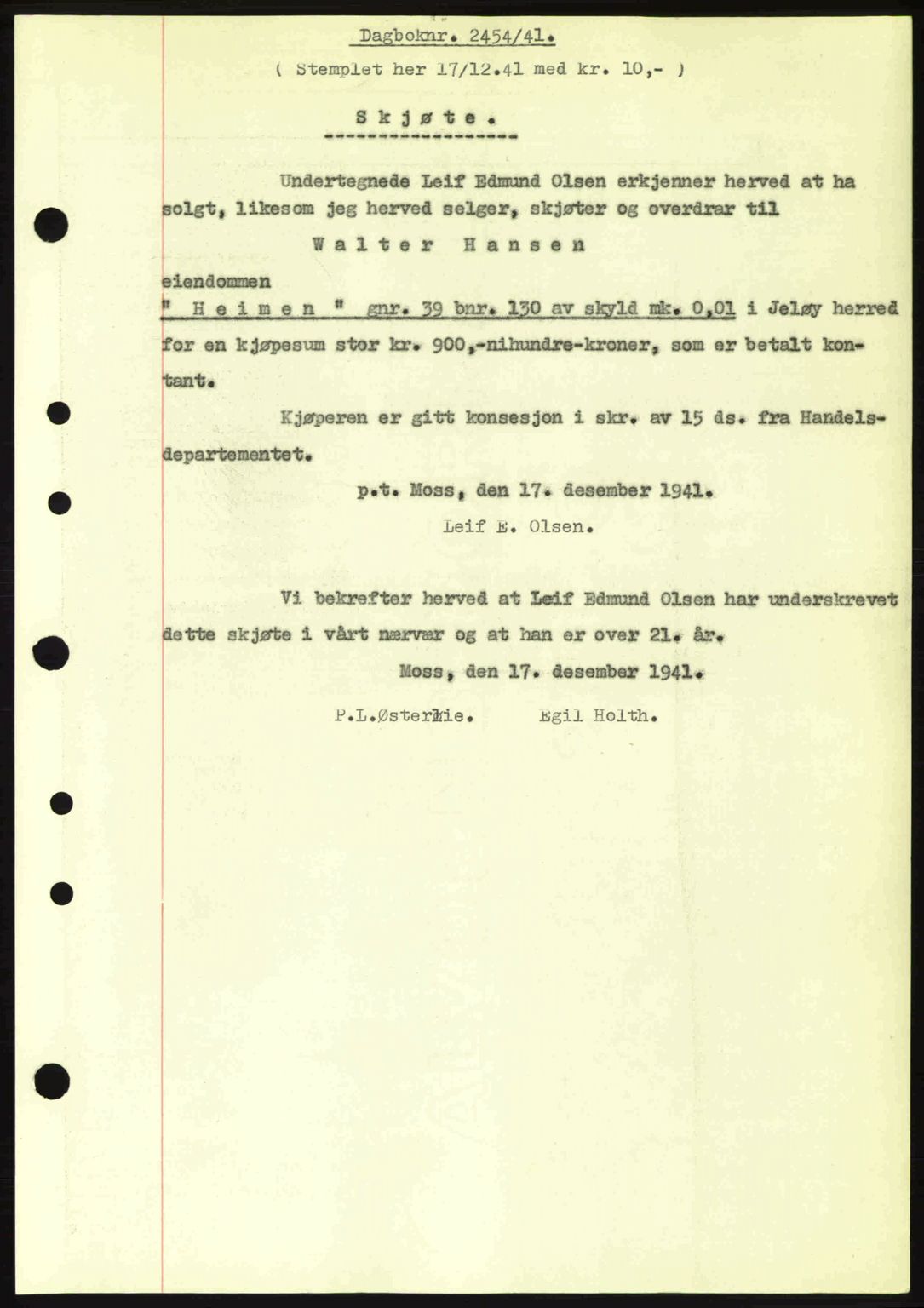 Moss sorenskriveri, SAO/A-10168: Pantebok nr. A9, 1941-1942, Dagboknr: 2454/1941