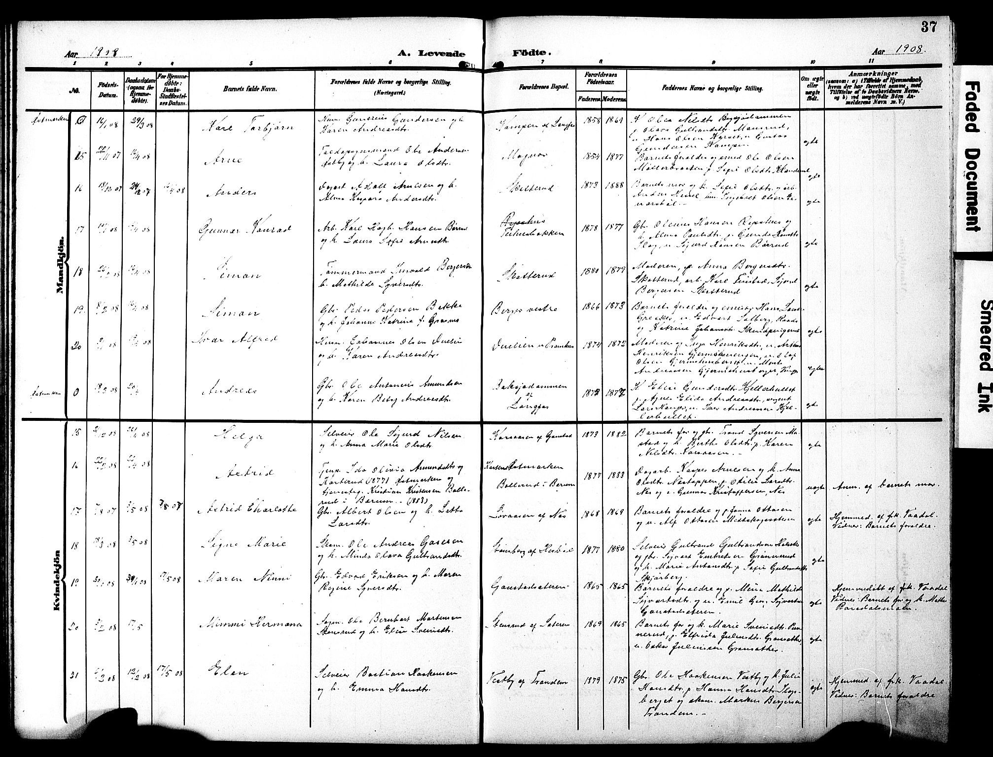 Eidskog prestekontor, AV/SAH-PREST-026/H/Ha/Hab/L0003: Klokkerbok nr. 3, 1904-1919, s. 37