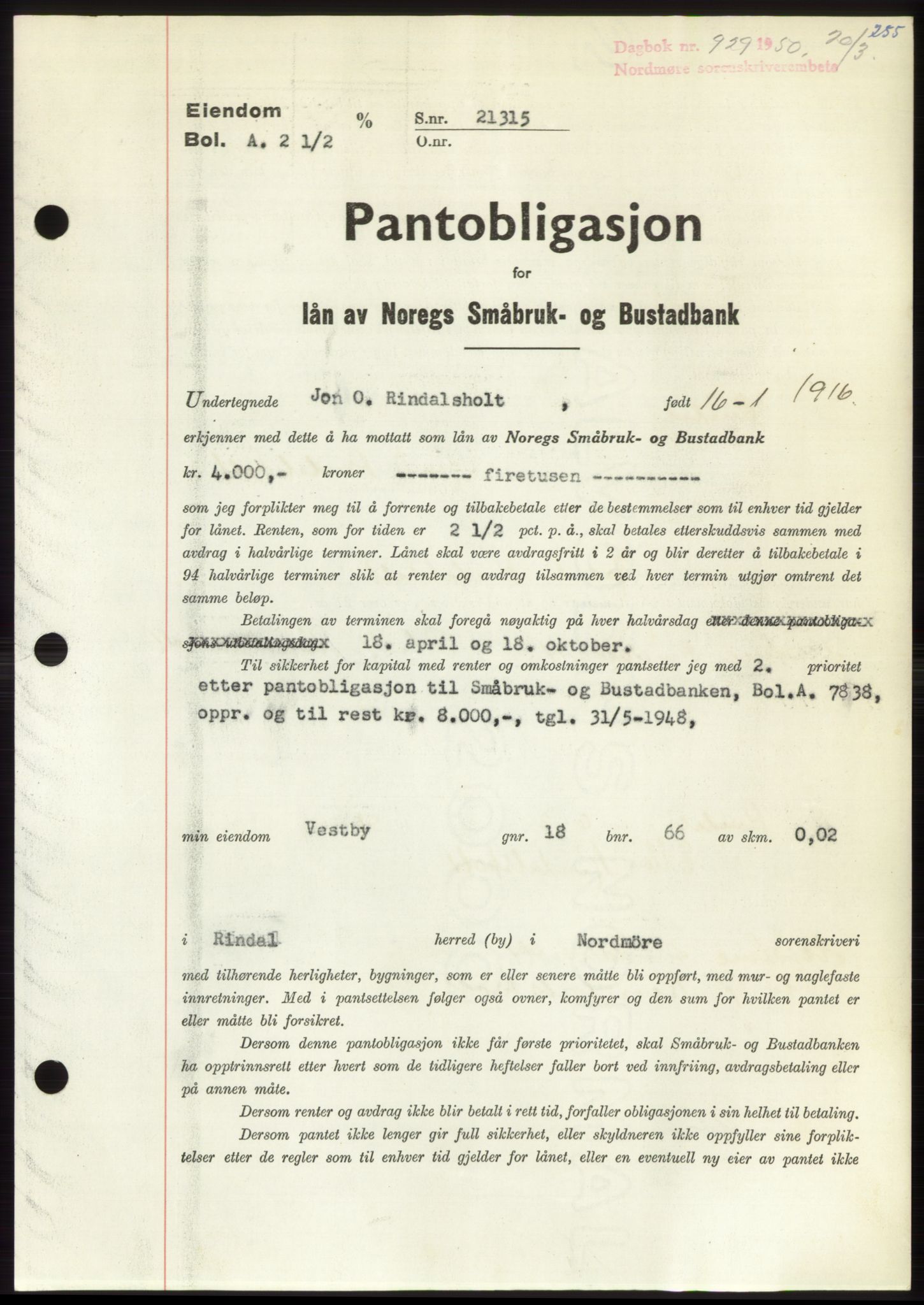 Nordmøre sorenskriveri, SAT/A-4132/1/2/2Ca: Pantebok nr. B104, 1950-1950, Dagboknr: 929/1950