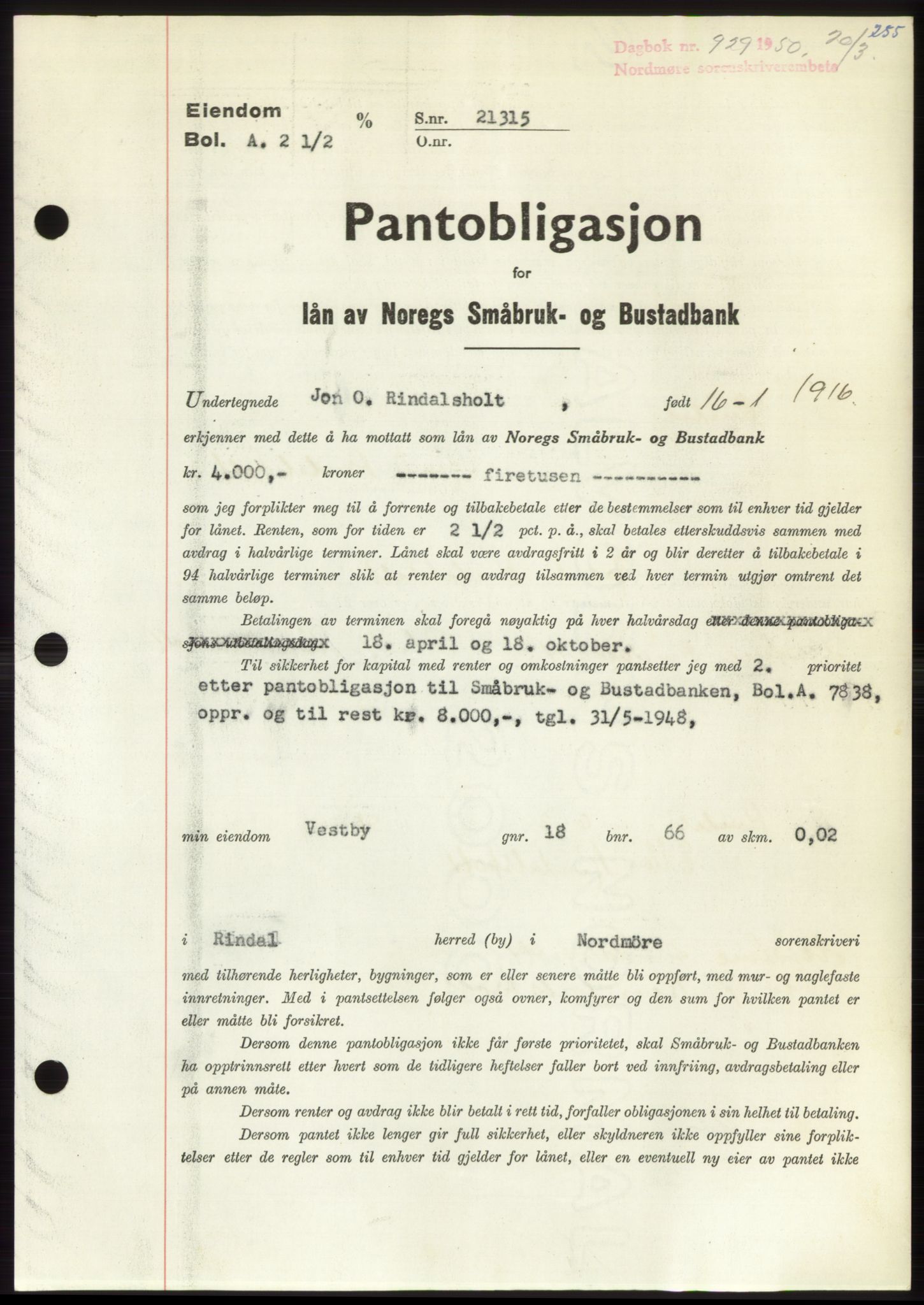 Nordmøre sorenskriveri, AV/SAT-A-4132/1/2/2Ca: Pantebok nr. B104, 1950-1950, Dagboknr: 929/1950