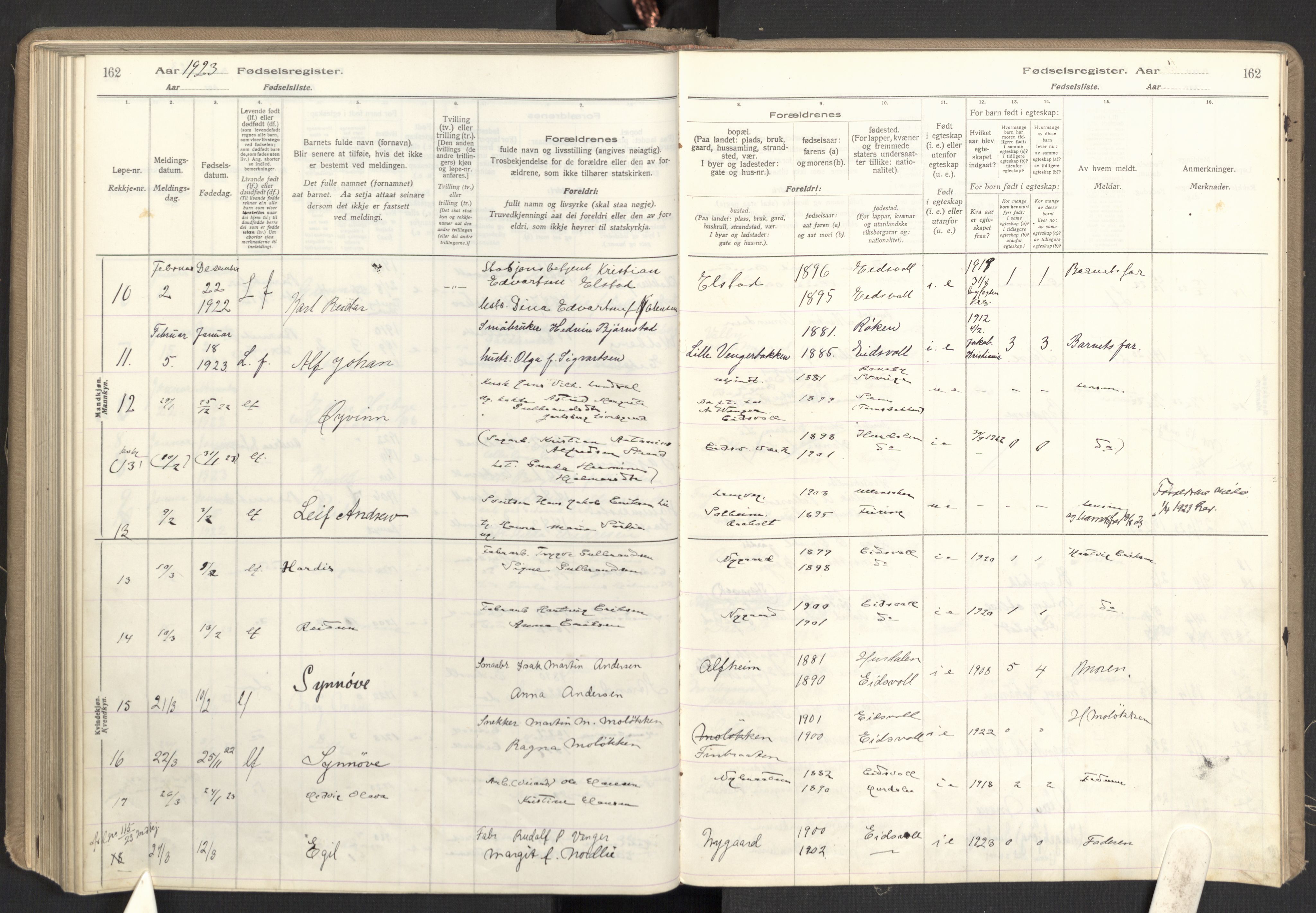 Eidsvoll prestekontor Kirkebøker, AV/SAO-A-10888/J/Ja/L0001: Fødselsregister nr. I 1, 1916-1924, s. 162