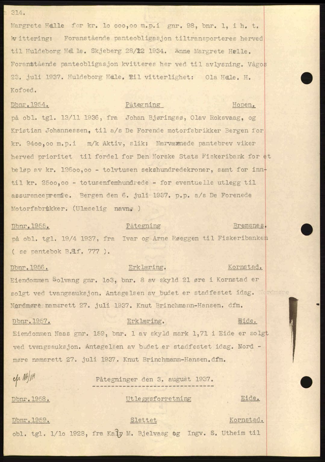 Nordmøre sorenskriveri, SAT/A-4132/1/2/2Ca: Pantebok nr. C80, 1936-1939, Dagboknr: 1954/1937