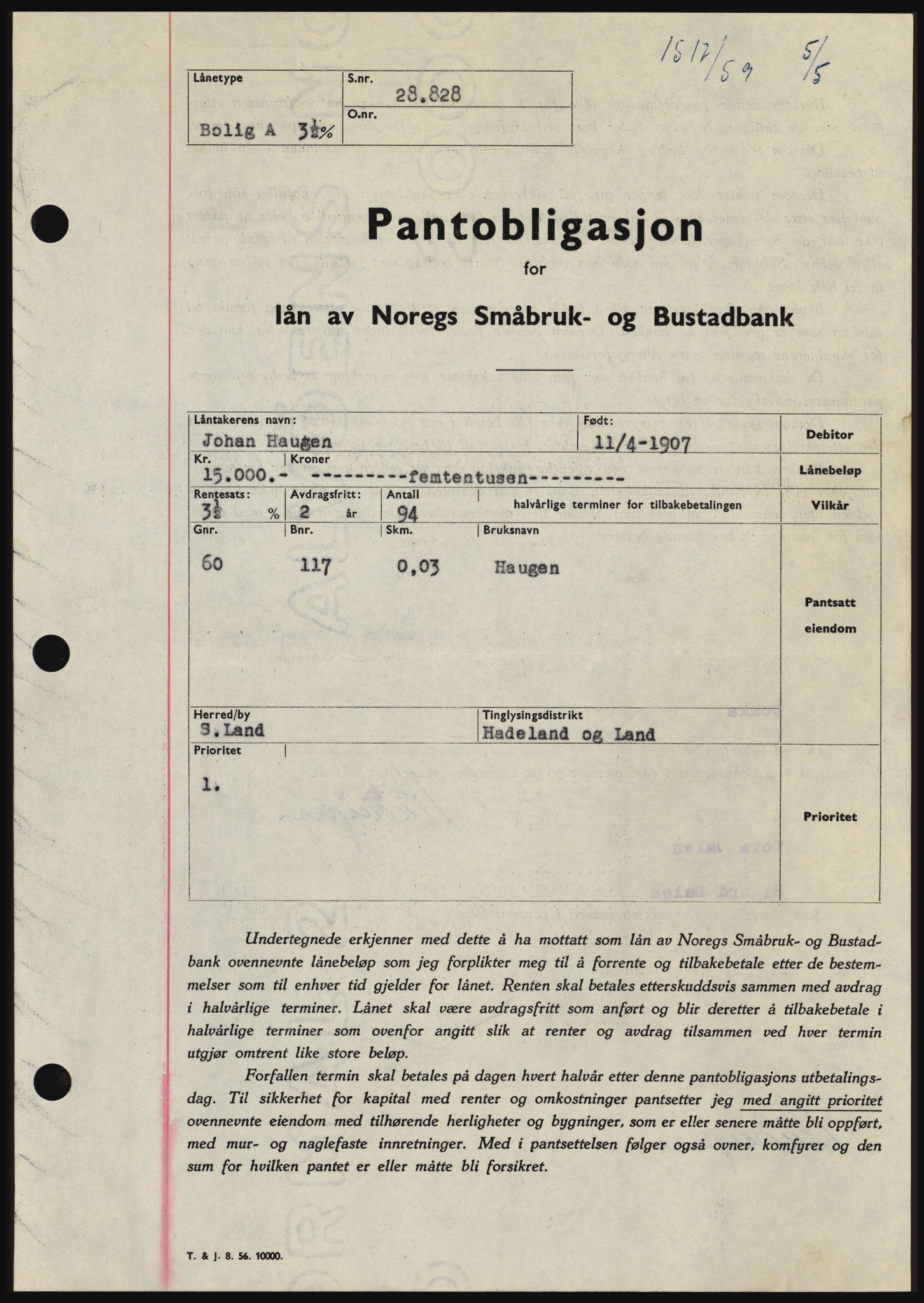 Hadeland og Land tingrett, SAH/TING-010/H/Hb/Hbc/L0040: Pantebok nr. B40, 1959-1959, Dagboknr: 1517/1959