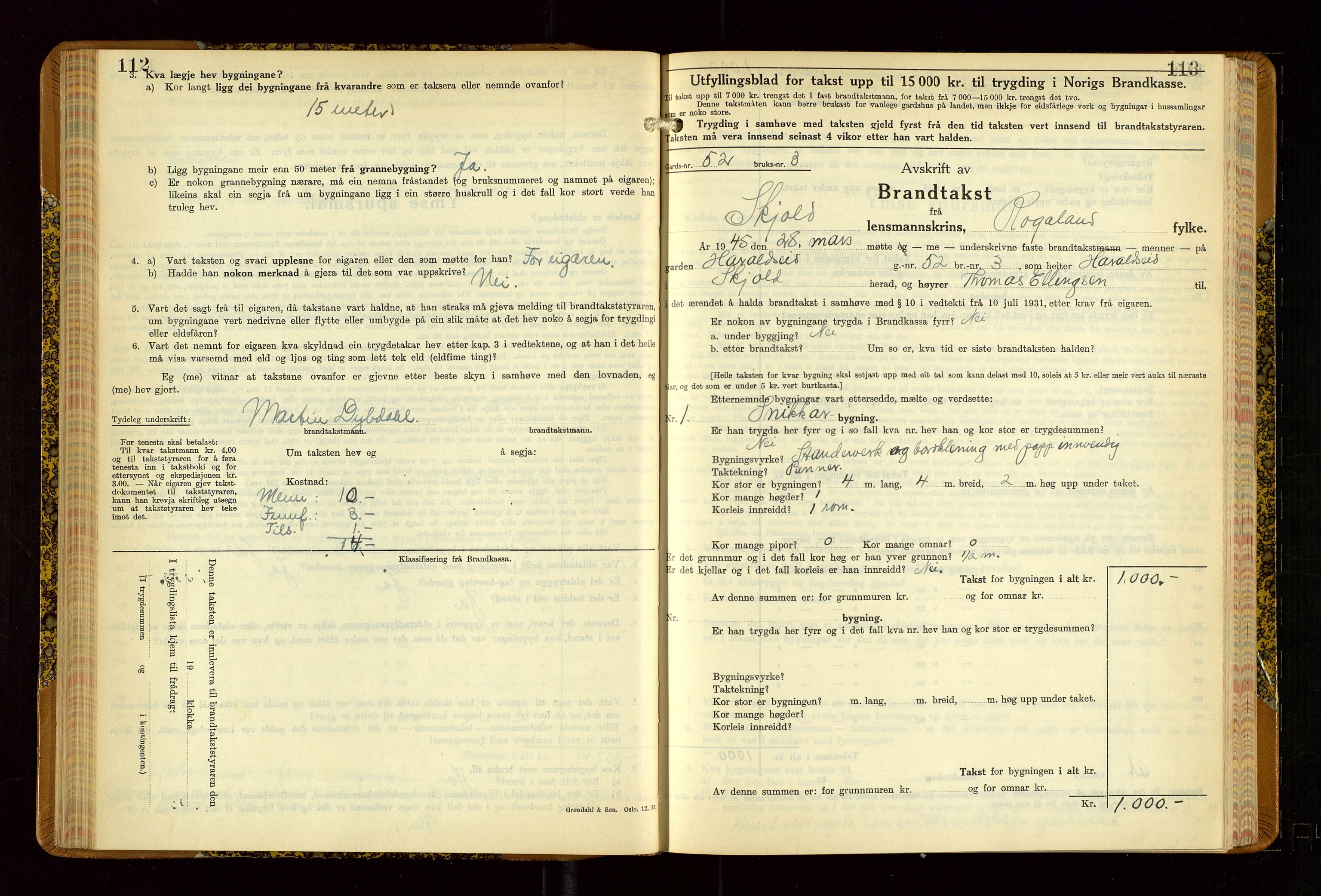 Skjold lensmannskontor, SAST/A-100182/Gob/L0002: "Branntakstbok for Skjold lensmannskrins Rogaland fylke", 1939-1952, s. 112-113