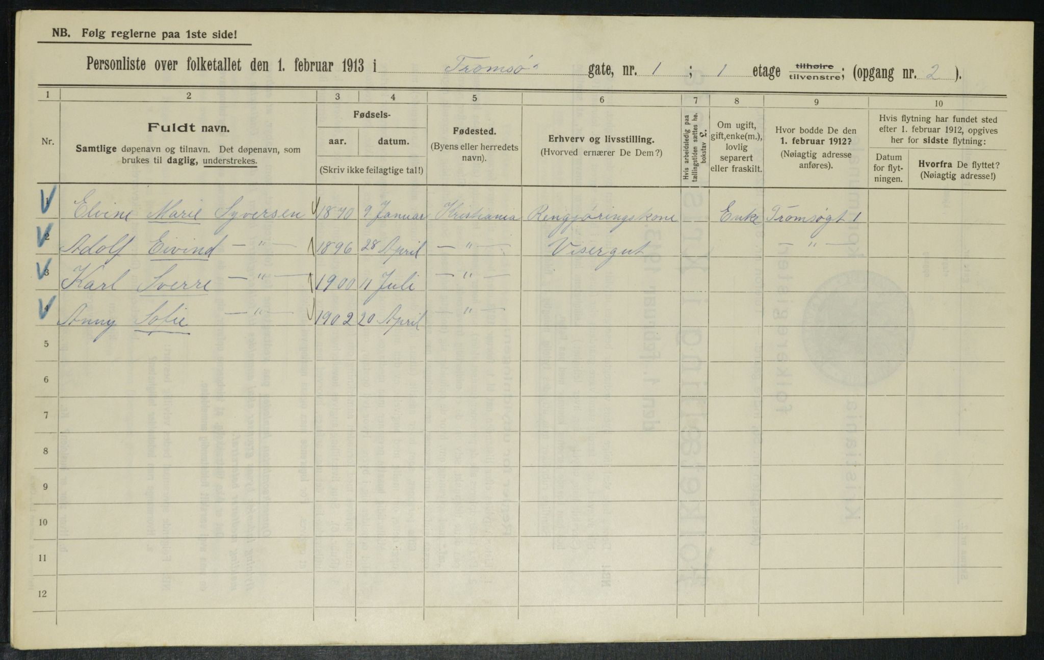 OBA, Kommunal folketelling 1.2.1913 for Kristiania, 1913, s. 115542