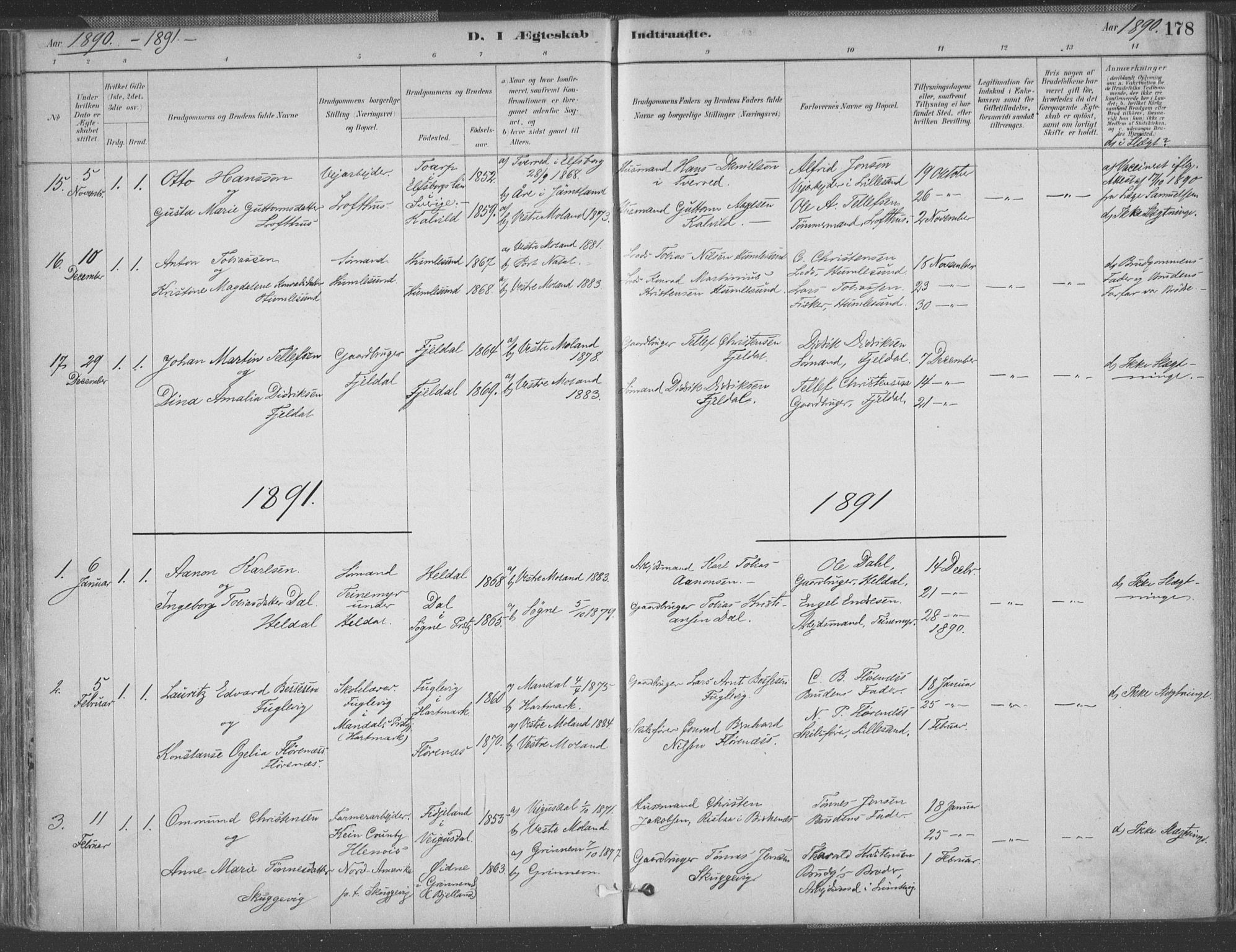 Vestre Moland sokneprestkontor, SAK/1111-0046/F/Fa/Fab/L0009: Ministerialbok nr. A 9, 1884-1899, s. 178