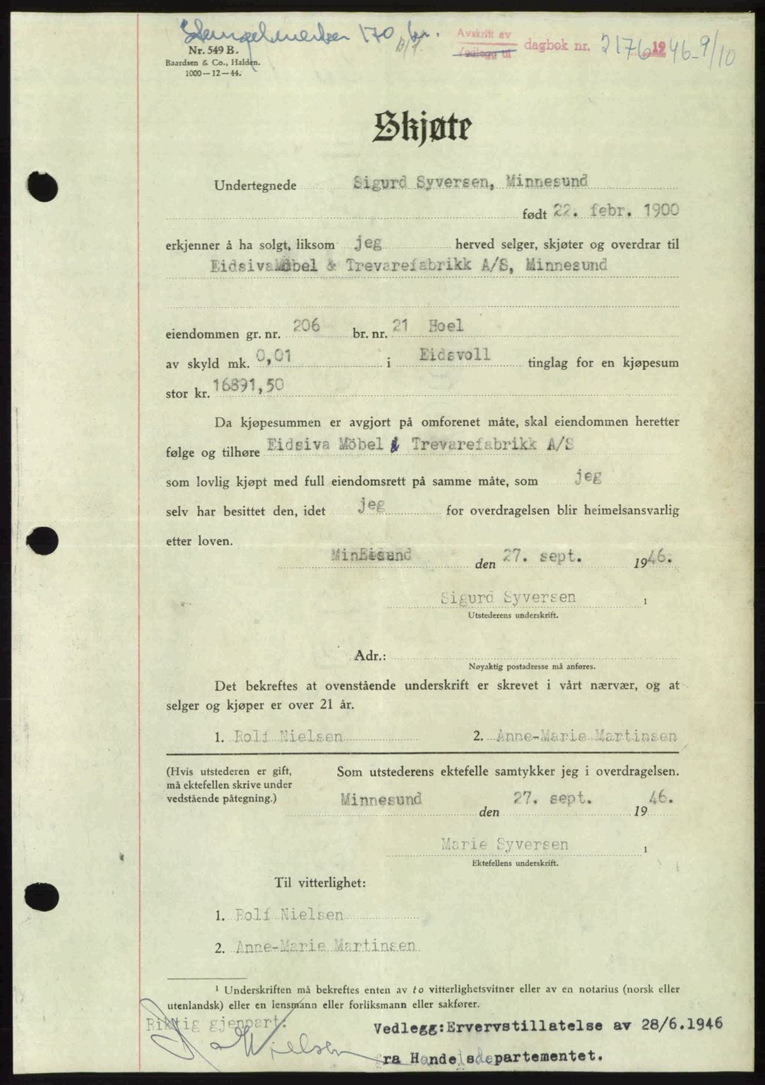 Eidsvoll tingrett, SAO/A-10371/G/Gb/Gbb/L0015: Pantebok nr. A43, 1946-1947, Dagboknr: 2176/1946