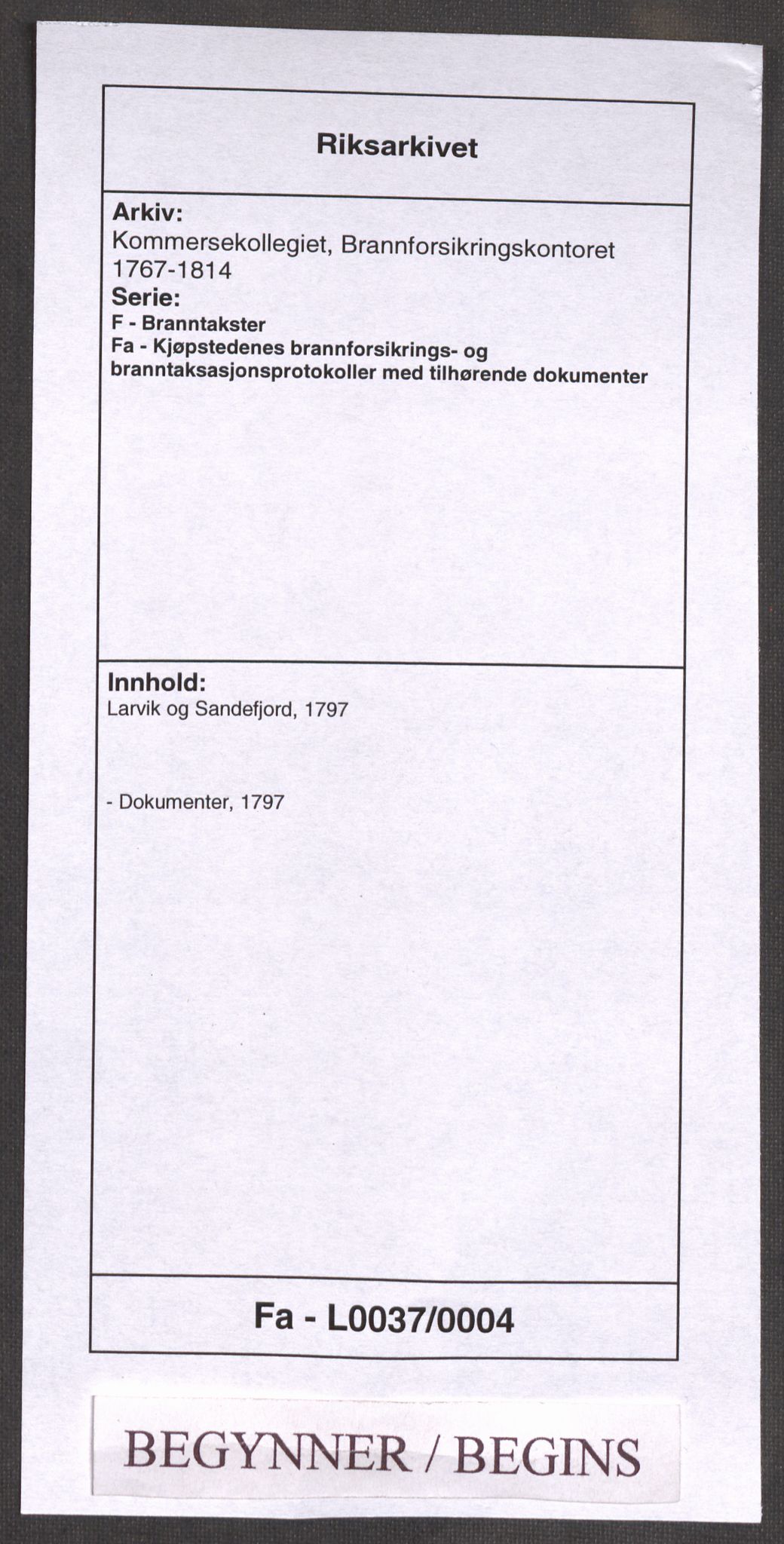 Kommersekollegiet, Brannforsikringskontoret 1767-1814, RA/EA-5458/F/Fa/L0037/0004: Larvik og Sandefjord / Dokumenter, 1797