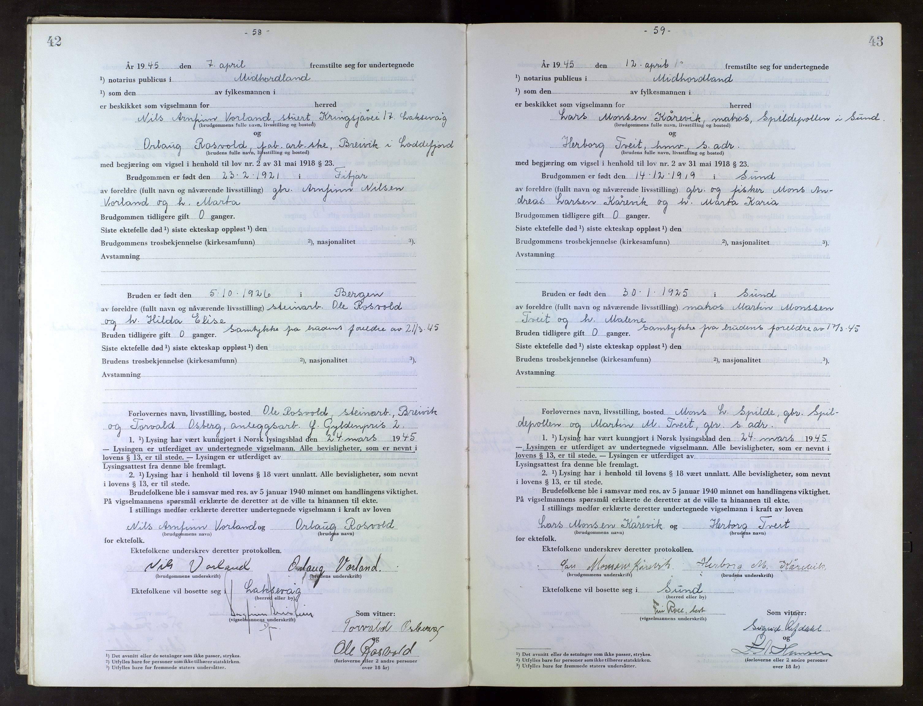 Midhordland sorenskriveri, AV/SAB-A-3001/1/M/Mc/Mca/L0007: Notarialbilag. Vigselbøker, 1945-1948, s. 42-43