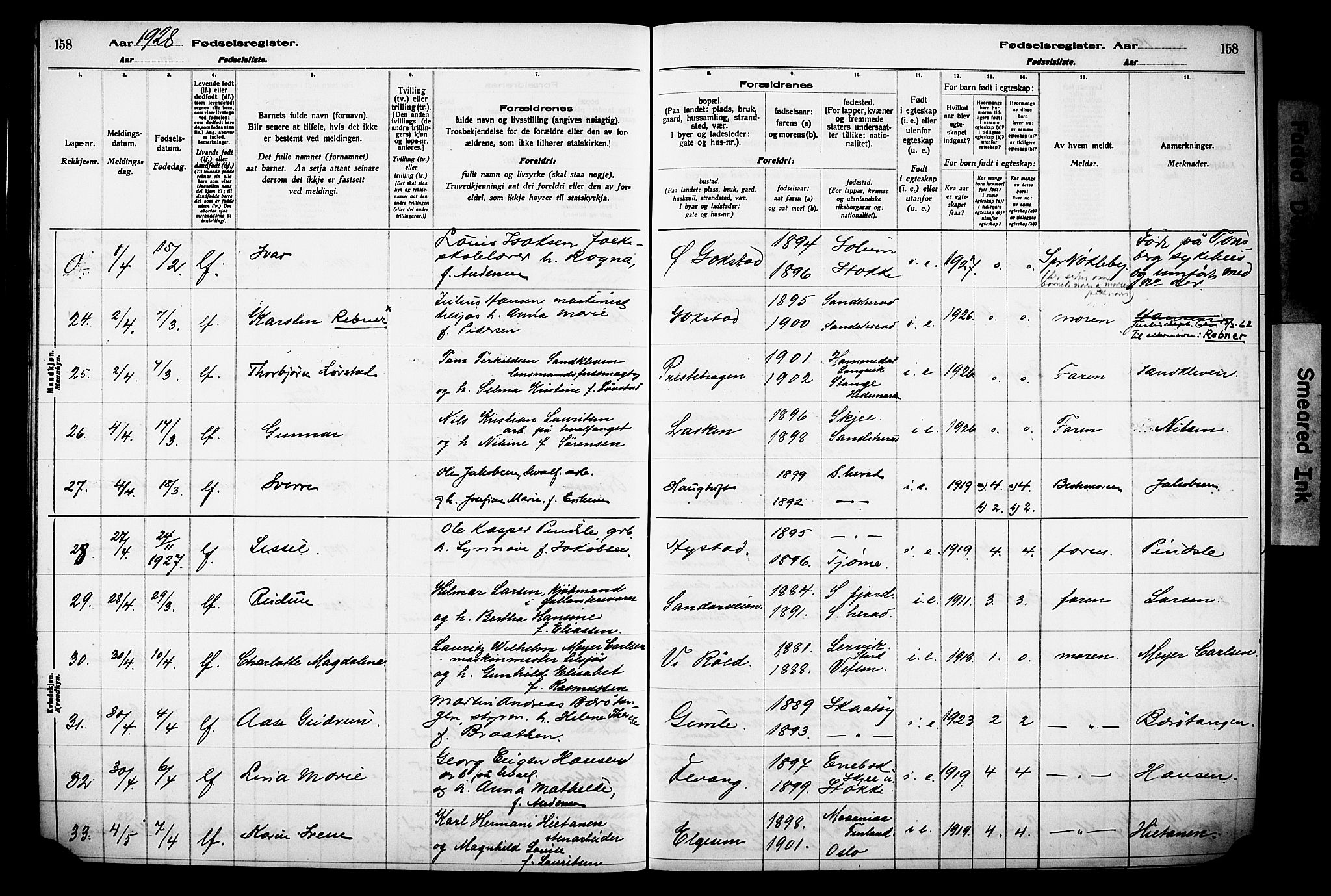 Sandar kirkebøker, AV/SAKO-A-243/J/Ja/L0002: Fødselsregister nr. 2, 1922-1929, s. 158