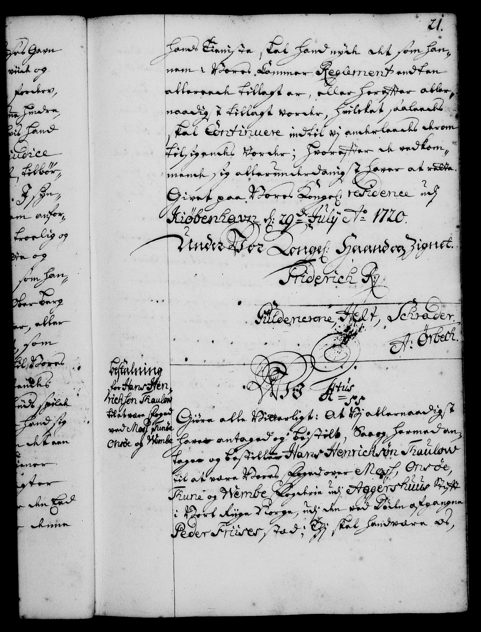 Rentekammeret, Kammerkanselliet, RA/EA-3111/G/Gg/Gge/L0001: Norsk bestallingsprotokoll med register (merket RK 53.25), 1720-1730, s. 21