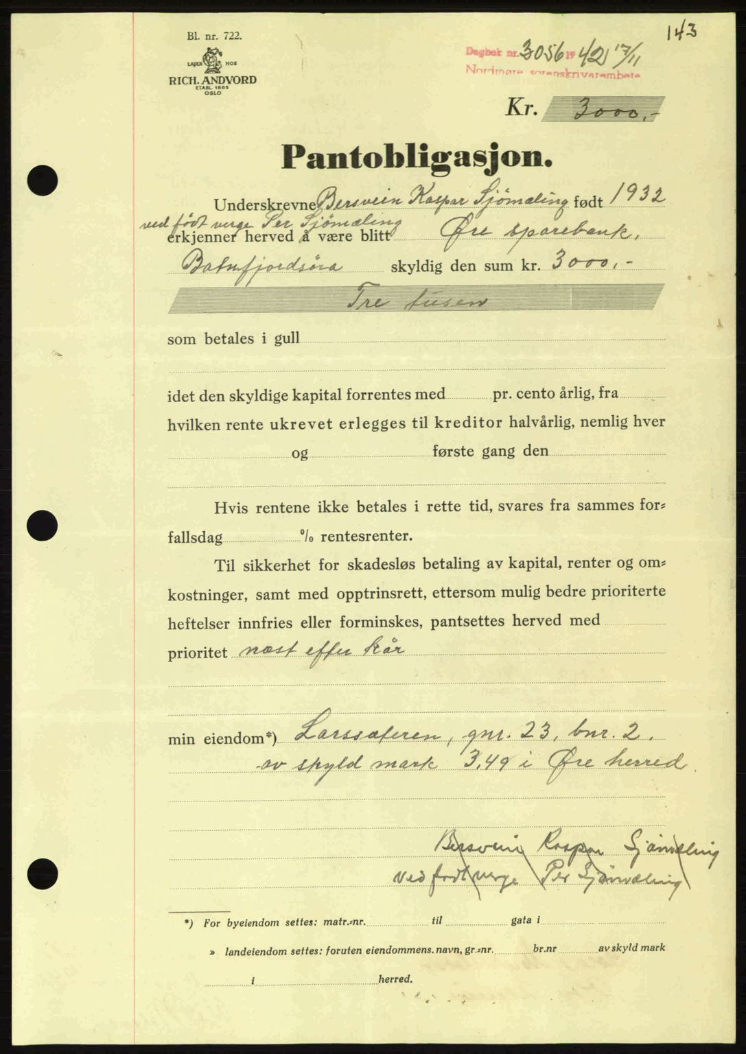 Nordmøre sorenskriveri, SAT/A-4132/1/2/2Ca: Pantebok nr. B90, 1942-1943, Dagboknr: 3056/1942