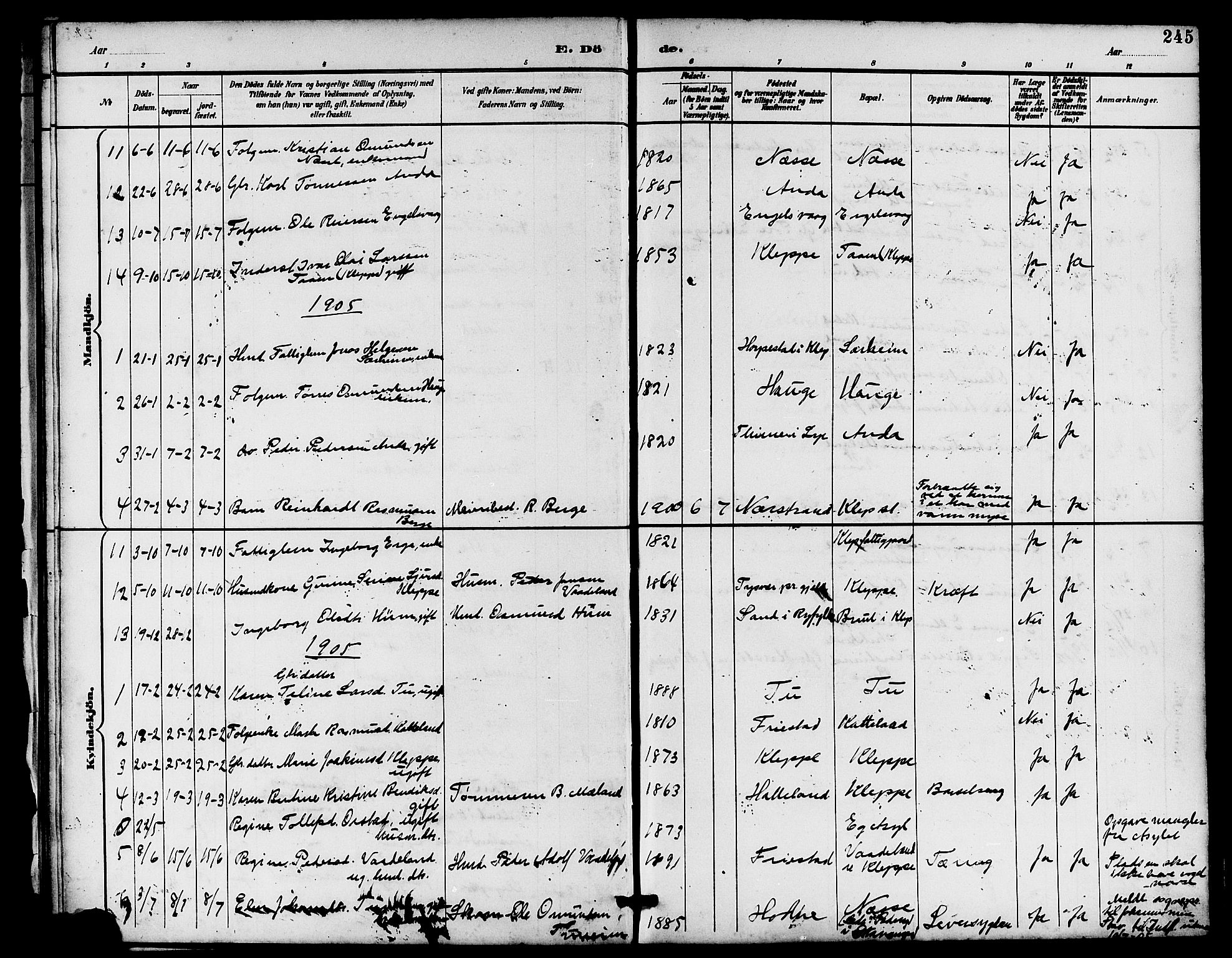 Klepp sokneprestkontor, AV/SAST-A-101803/001/3/30BB/L0004: Klokkerbok nr. B 4, 1889-1914, s. 245