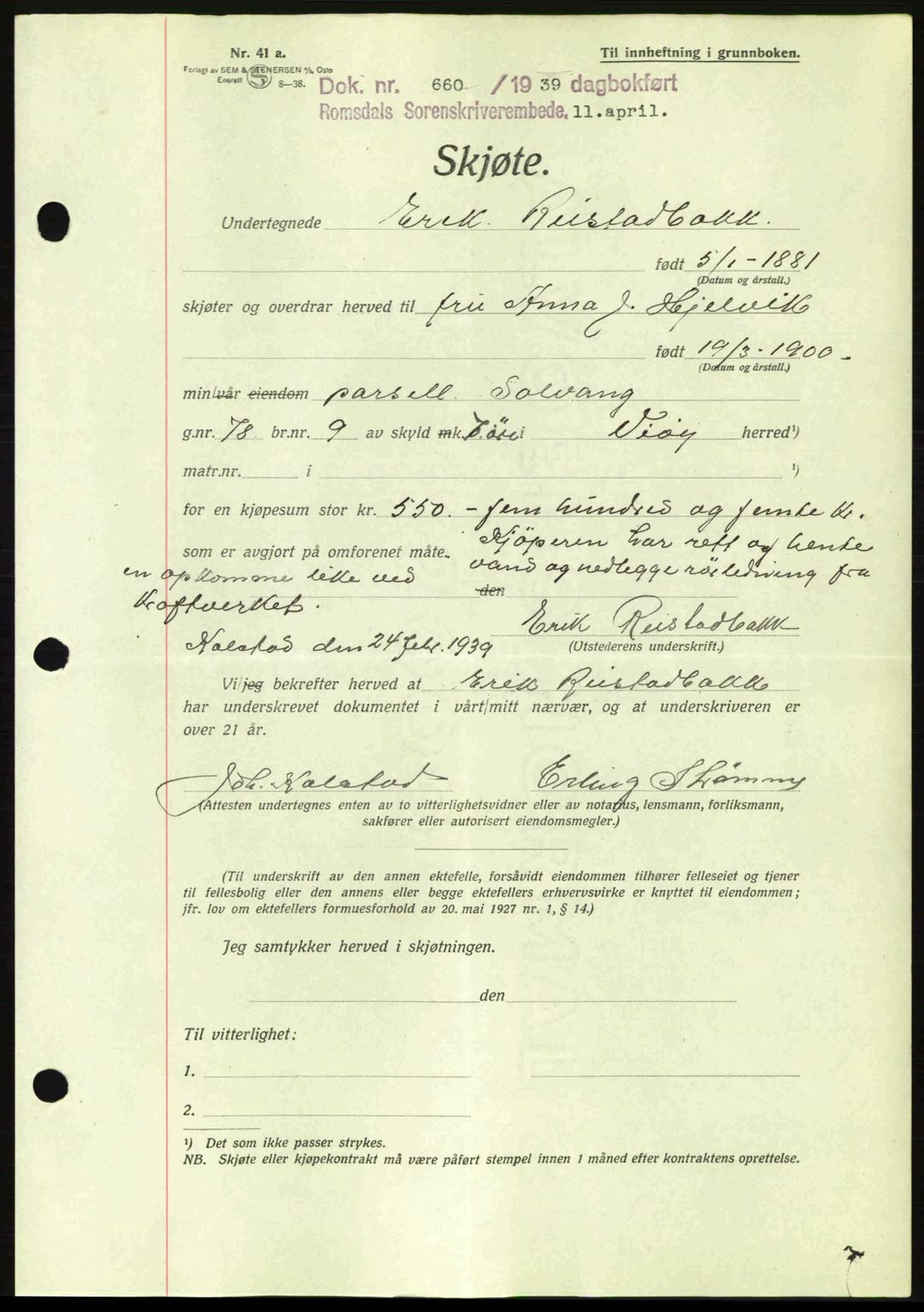 Romsdal sorenskriveri, AV/SAT-A-4149/1/2/2C: Pantebok nr. A6, 1938-1939, Dagboknr: 660/1939