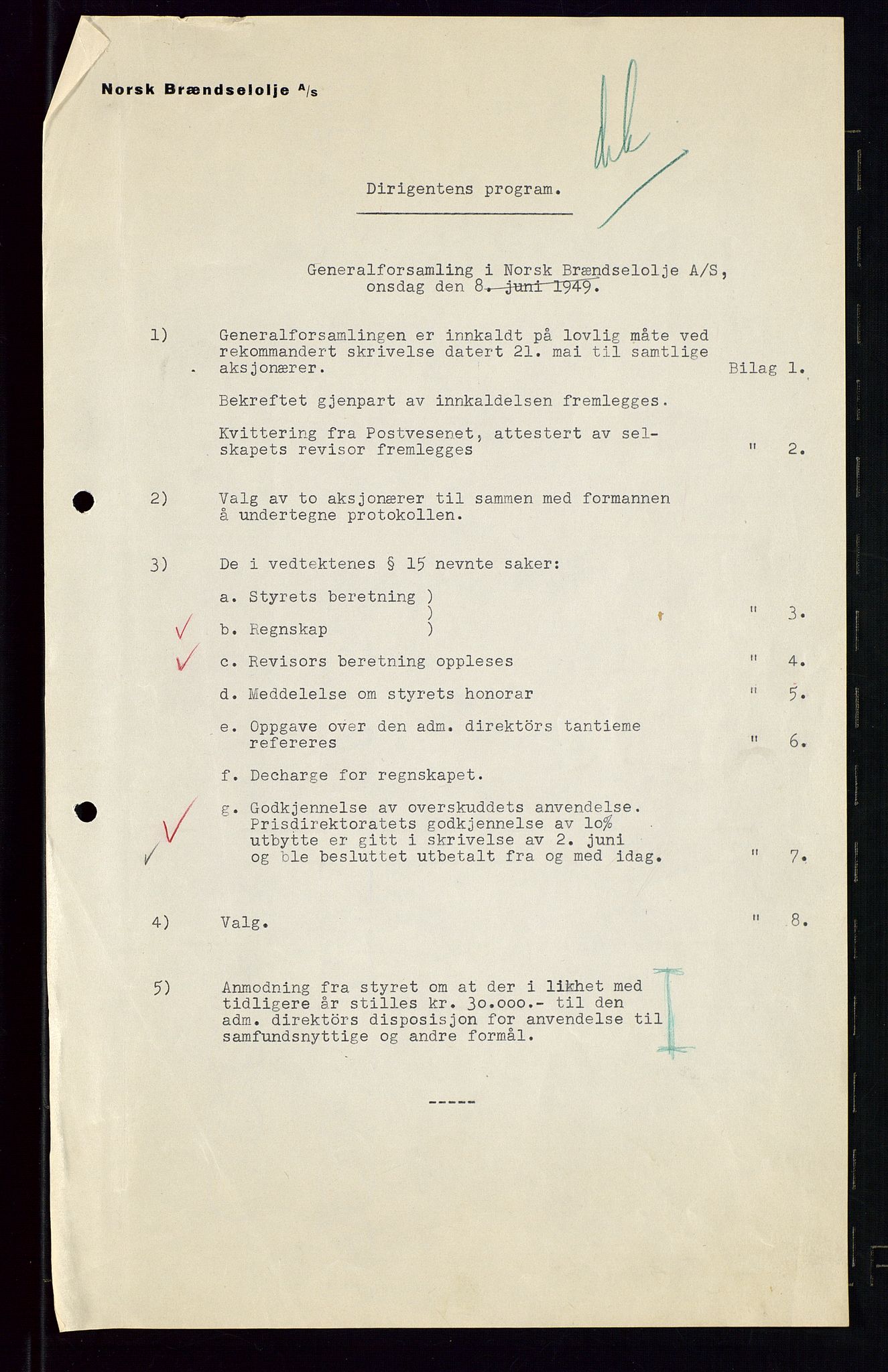 PA 1544 - Norsk Brændselolje A/S, AV/SAST-A-101965/1/A/Aa/L0005/0003: Generalforsamling  / Generalforsamling 1949, 1949, s. 4