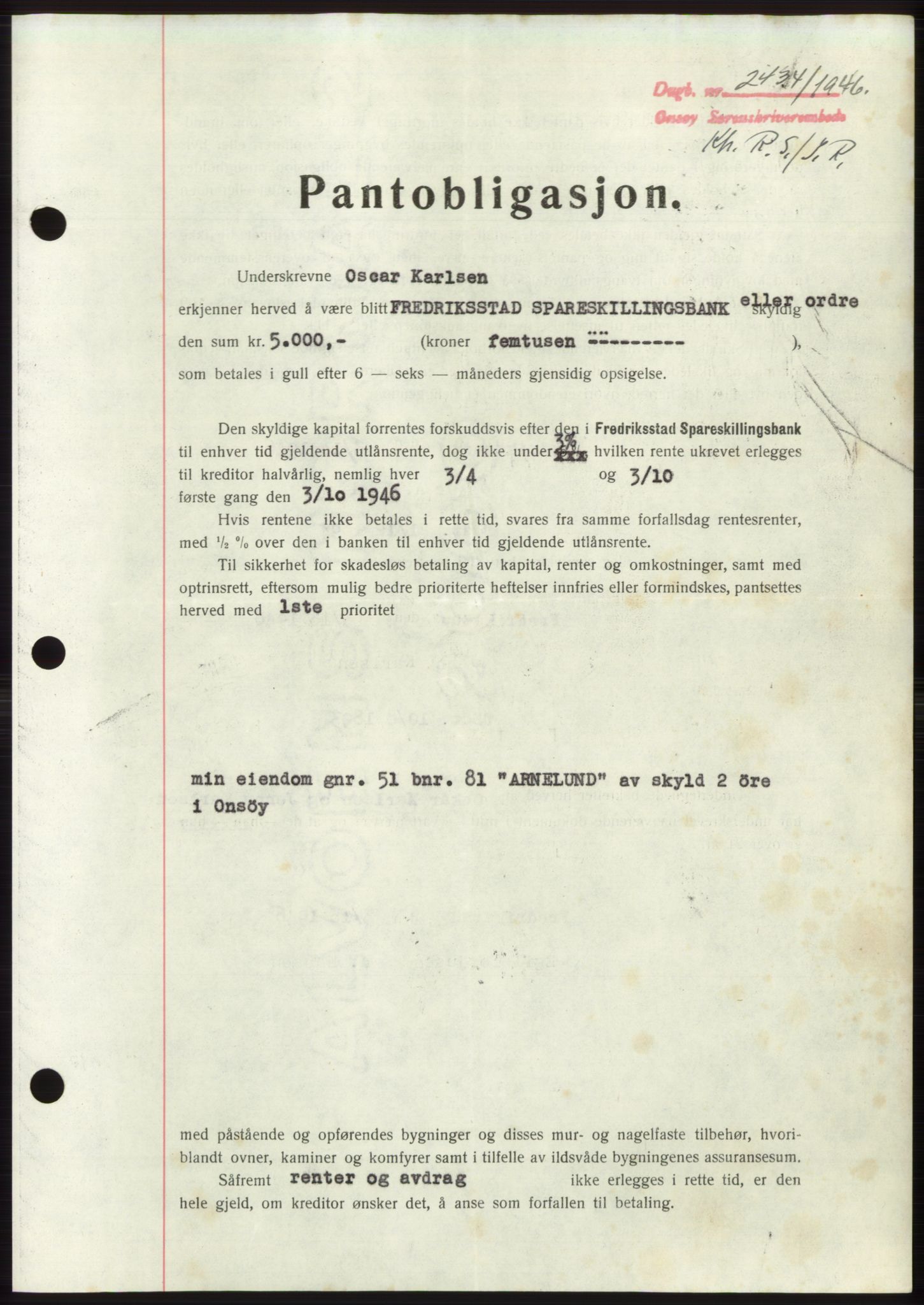 Onsøy sorenskriveri, SAO/A-10474/G/Ga/Gac/L0005: Pantebok nr. B 9-5, 1946-1947, Dagboknr: 2434/1946
