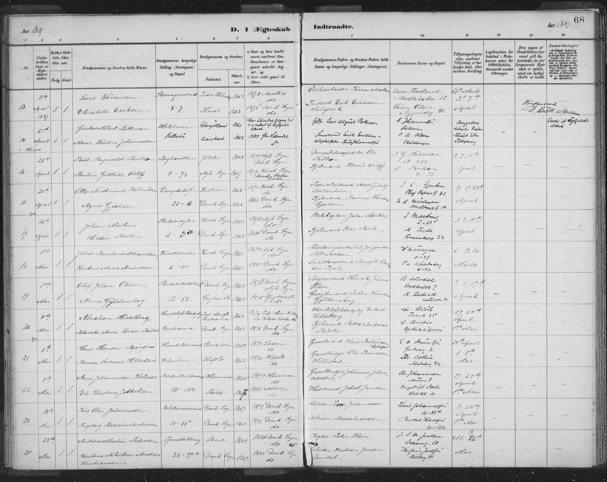 Domkirken sokneprestembete, AV/SAB-A-74801/H/Hab/L0032: Klokkerbok nr. D 4, 1880-1907, s. 68