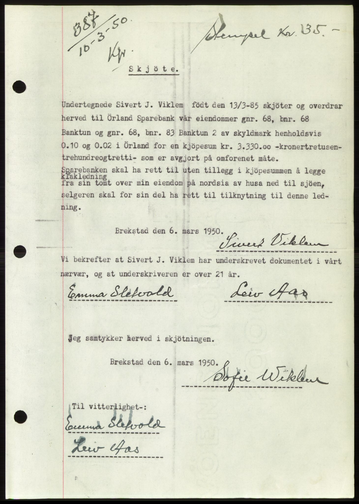 Fosen sorenskriveri, AV/SAT-A-1107/1/2/2C: Pantebok nr. A11, 1950-1950, Dagboknr: 387/1950