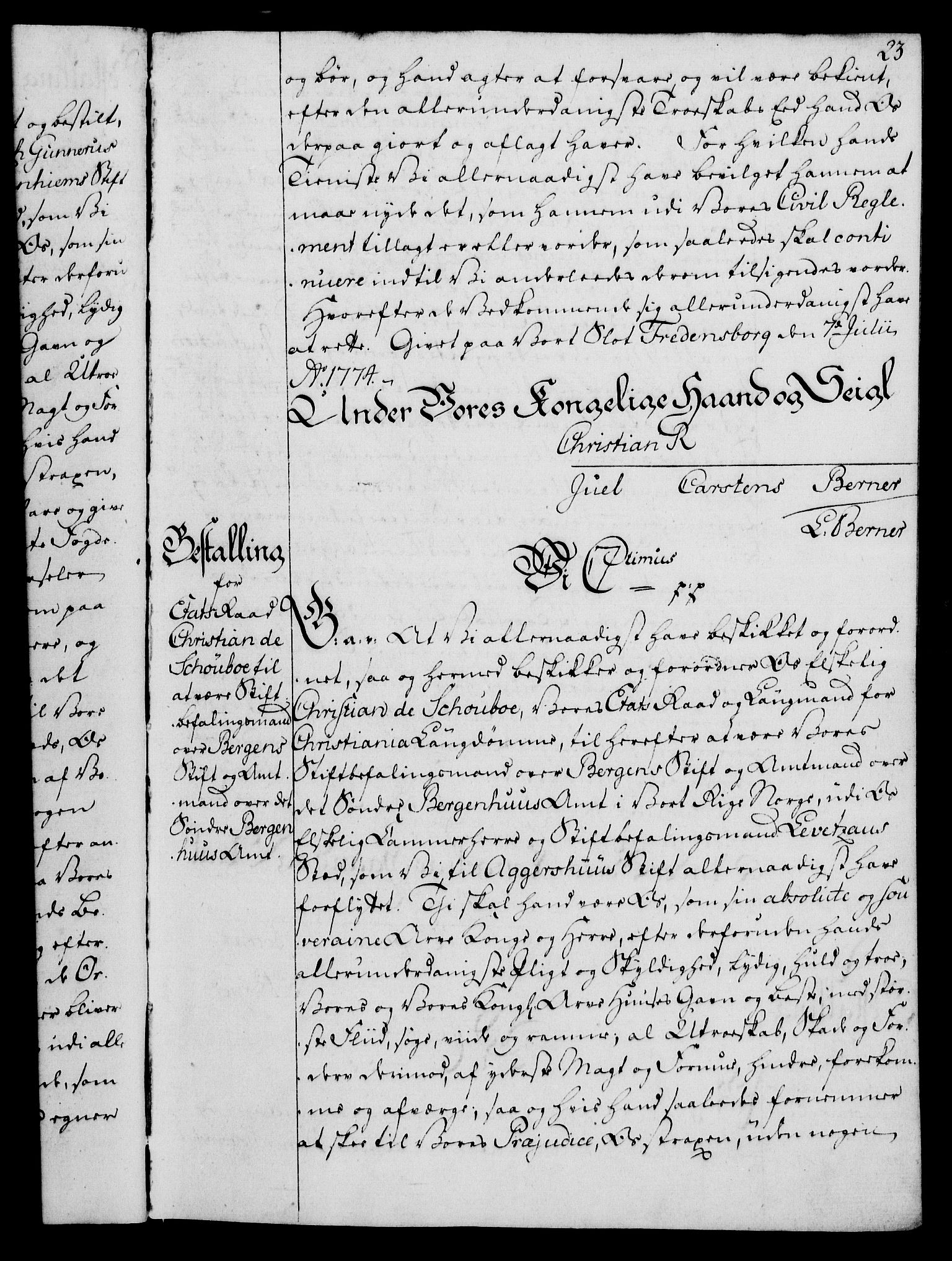 Rentekammeret, Kammerkanselliet, RA/EA-3111/G/Gg/Gge/L0006: Norsk bestallingsprotokoll med register (merket RK 53.30), 1773-1814, s. 23