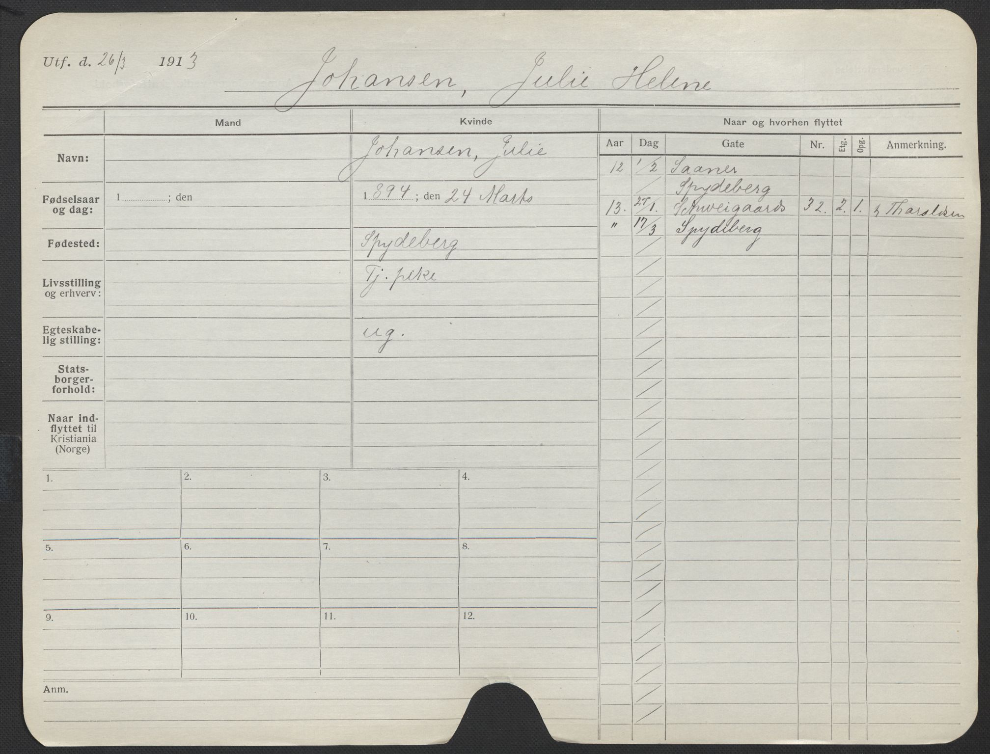 Oslo folkeregister, Registerkort, SAO/A-11715/F/Fa/Fac/L0018: Kvinner, 1906-1914, s. 169a