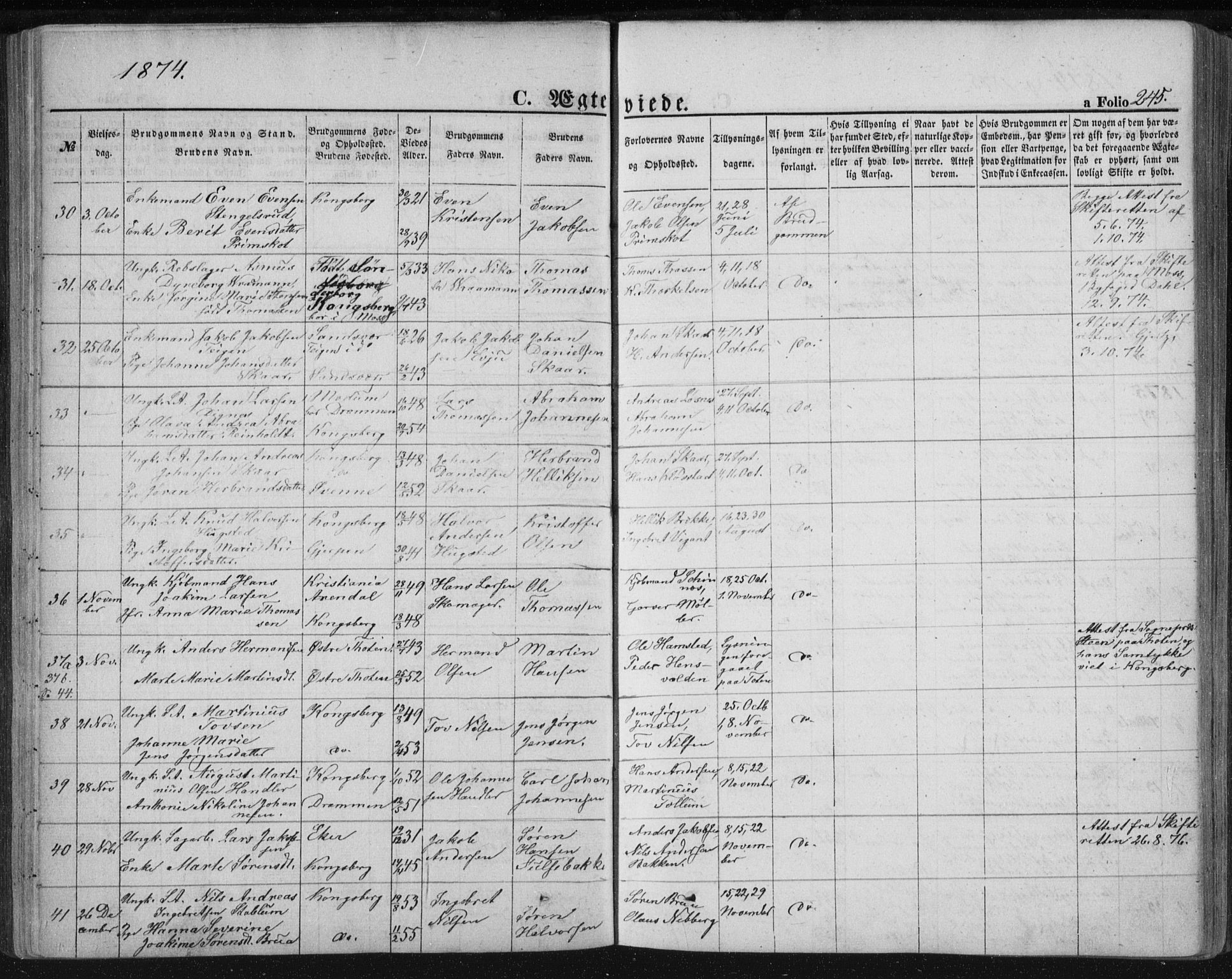 Kongsberg kirkebøker, AV/SAKO-A-22/F/Fa/L0010: Ministerialbok nr. I 10, 1859-1875, s. 245