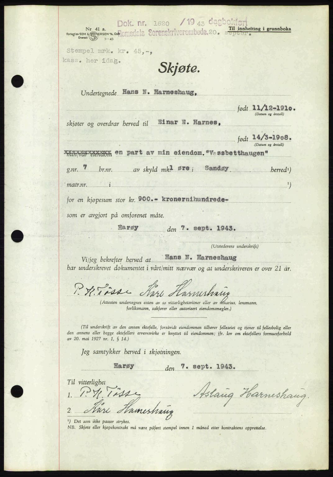 Romsdal sorenskriveri, AV/SAT-A-4149/1/2/2C: Pantebok nr. A14, 1943-1943, Dagboknr: 1620/1943